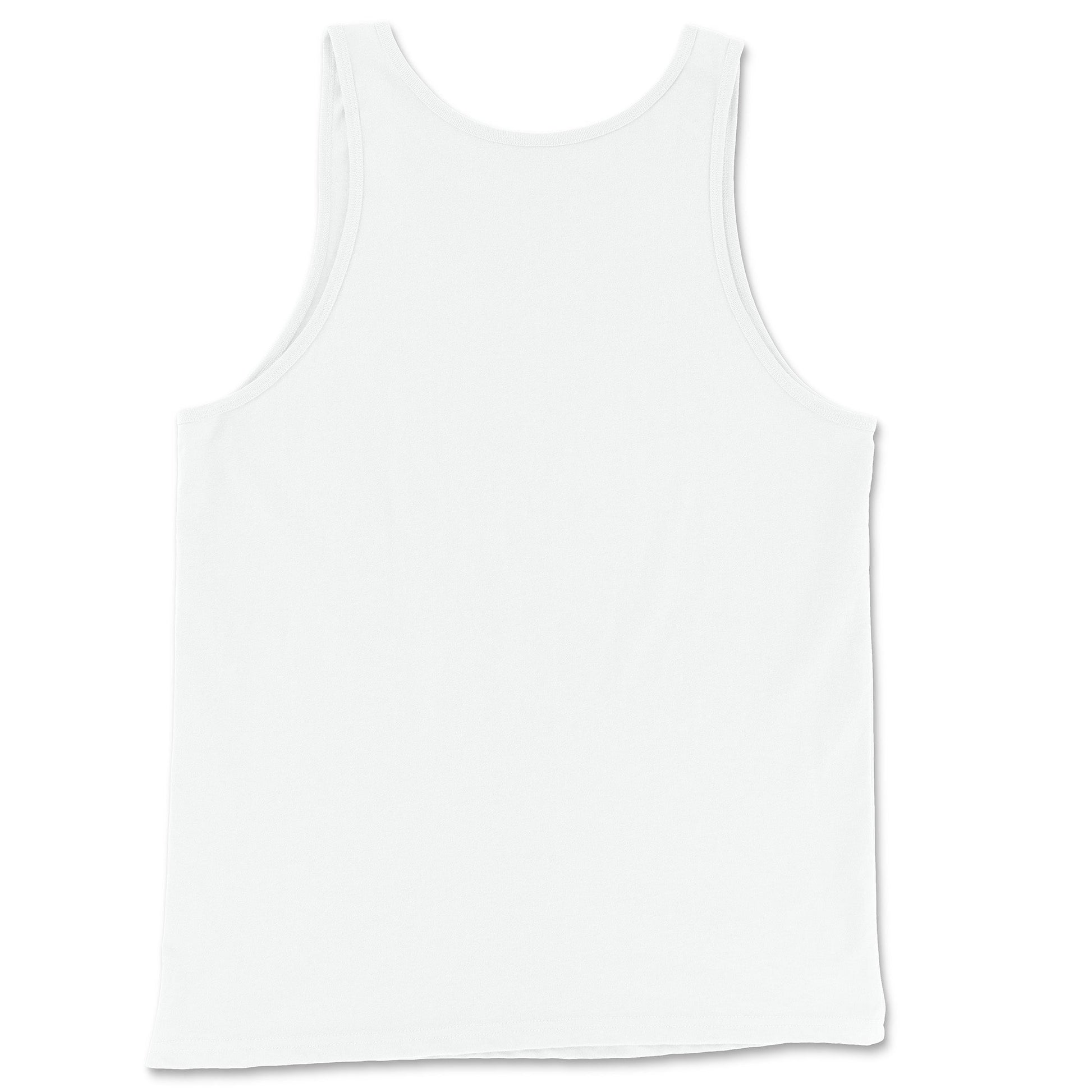 Back view of the Fire Bots Tank Top in white, designed for a casual and comfortable fit. Rarileto.
