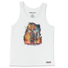 Front view of the Fire Bots Tank Top in white, showcasing a striking fire bot graphic for a standout look. Rarileto.
