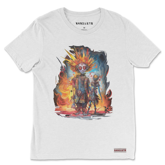 Front view of the Fire Bots Triblend T-Shirt in solid white triblend, featuring a bold fire robot graphic. Rarileto.