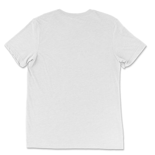 Back view of the Fire Bots Triblend T-Shirt in solid white triblend, showcasing a relaxed, comfortable fit. Rarileto.