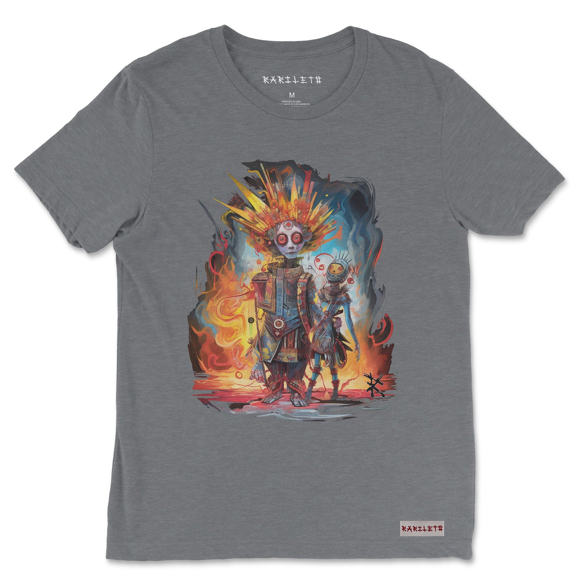 Front view of the Fire Bots Triblend T-Shirt in grey triblend, featuring a dynamic fire robot graphic. Rarileto.