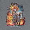 Design front view of the Fire Bots Triblend T-Shirt in grey triblend, highlighting the fiery robot graphic design. Rarileto.