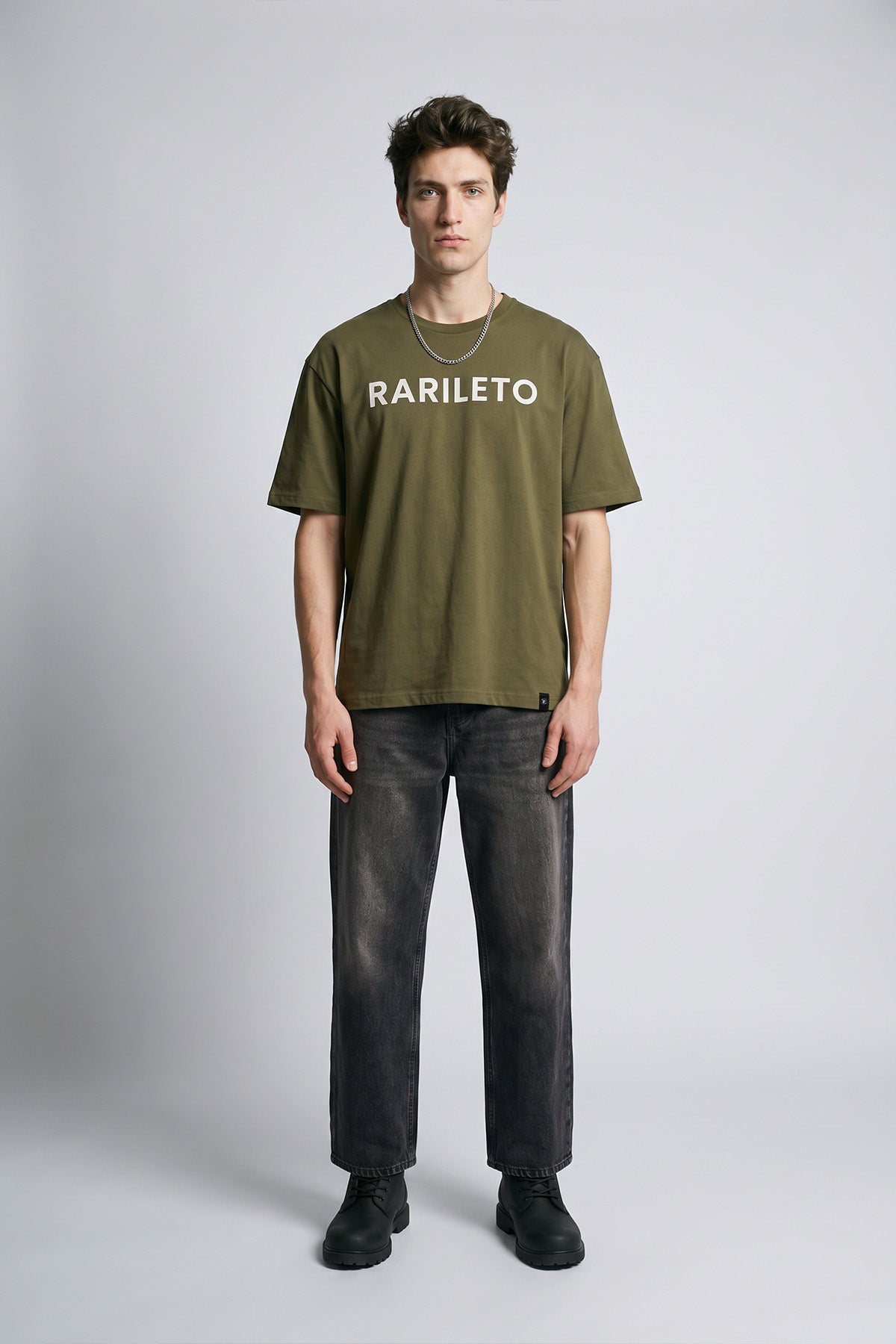 Army male model wearing front view — RARILETO Logo Classic Tee