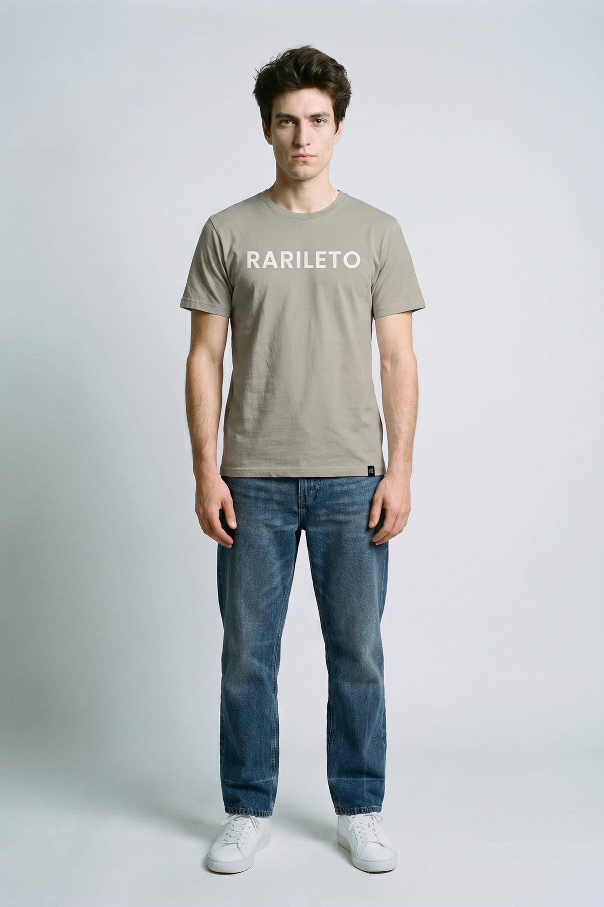 Light Grey male model wearing front view — RARILETO Logo Classic Tee