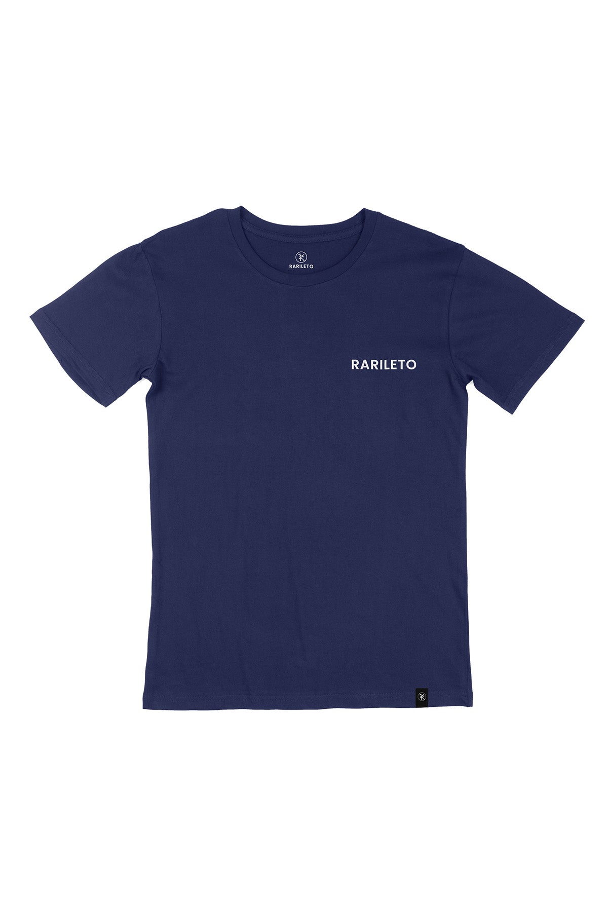 Navy graphic tee front flat lay — RARILETO Left Logo Classic Tee