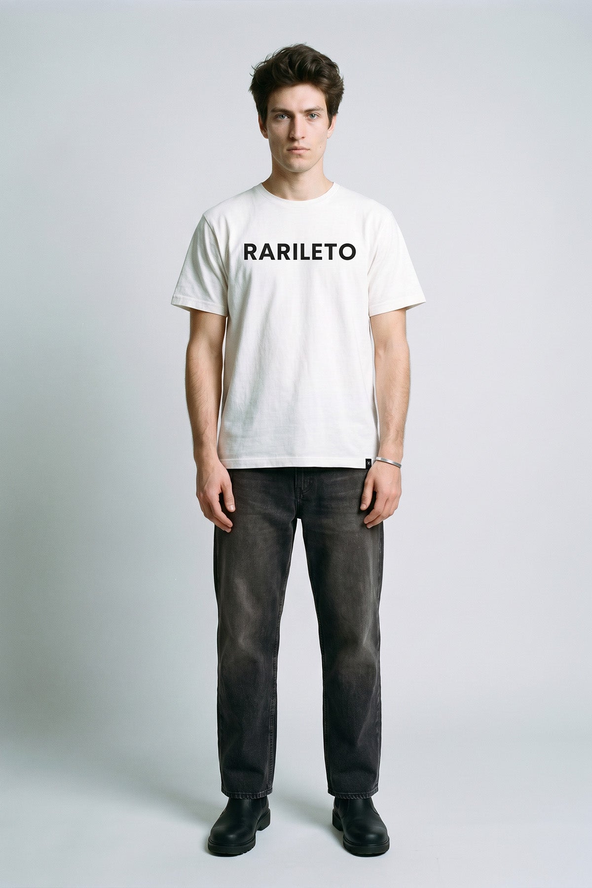 White male model wearing front view — RARILETO Logo Classic Tee