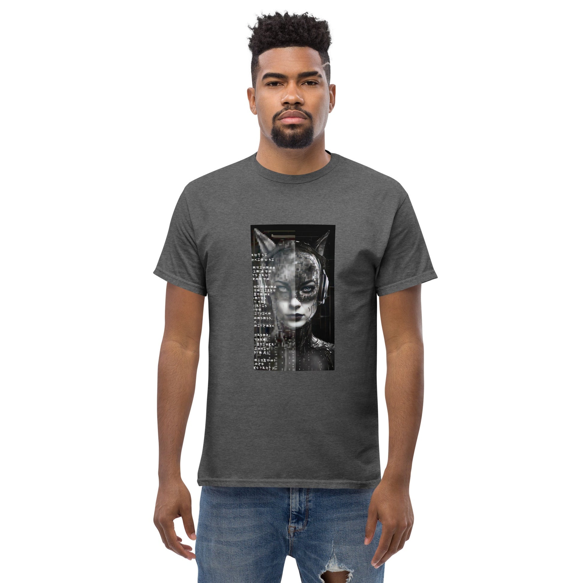 FUTURE CAT 2050 Classic T-Shirt in Dark Heather - Rarileto - Front View on Model