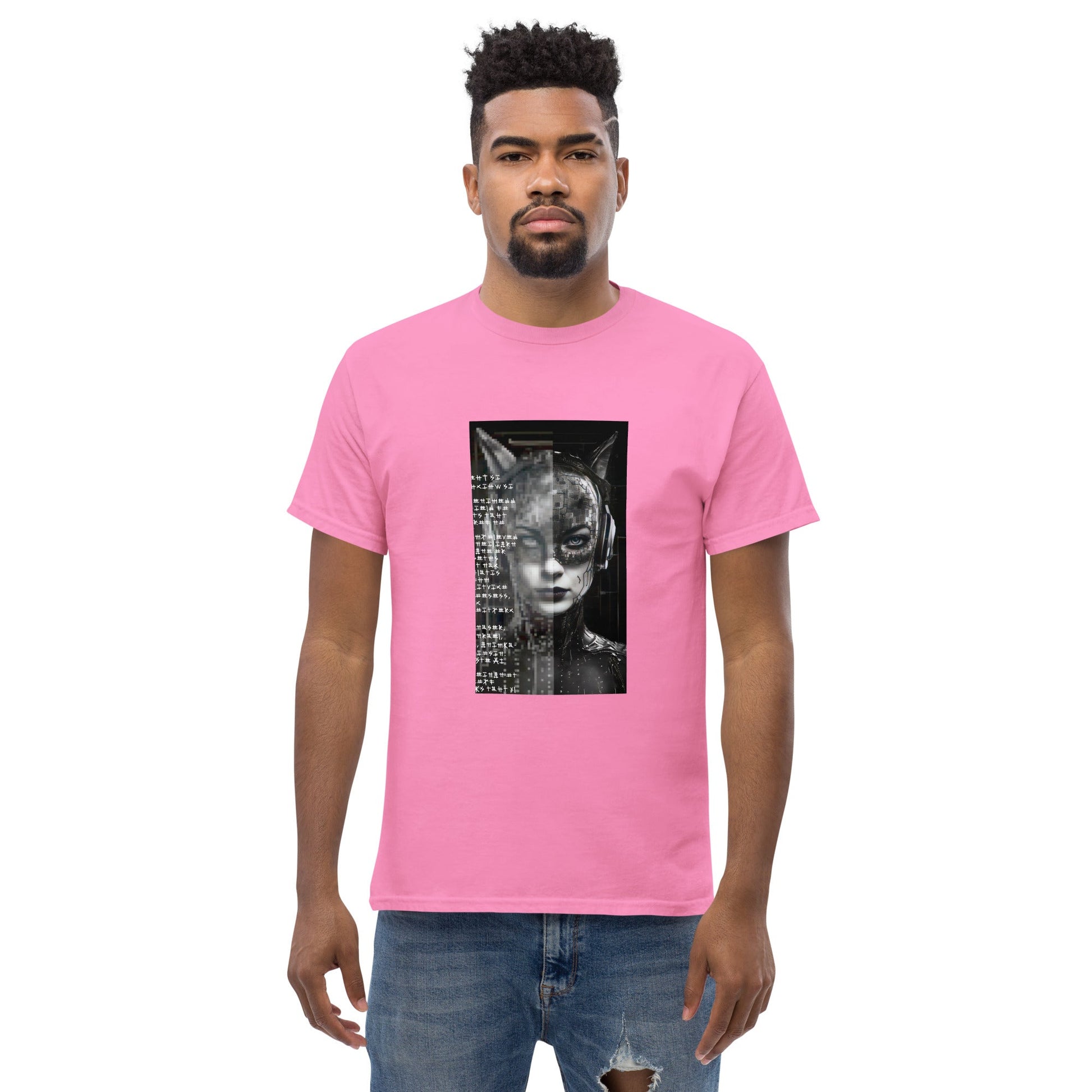 FUTURE CAT 2050 Classic T-Shirt in Azalea - Rarileto - Front View on Model