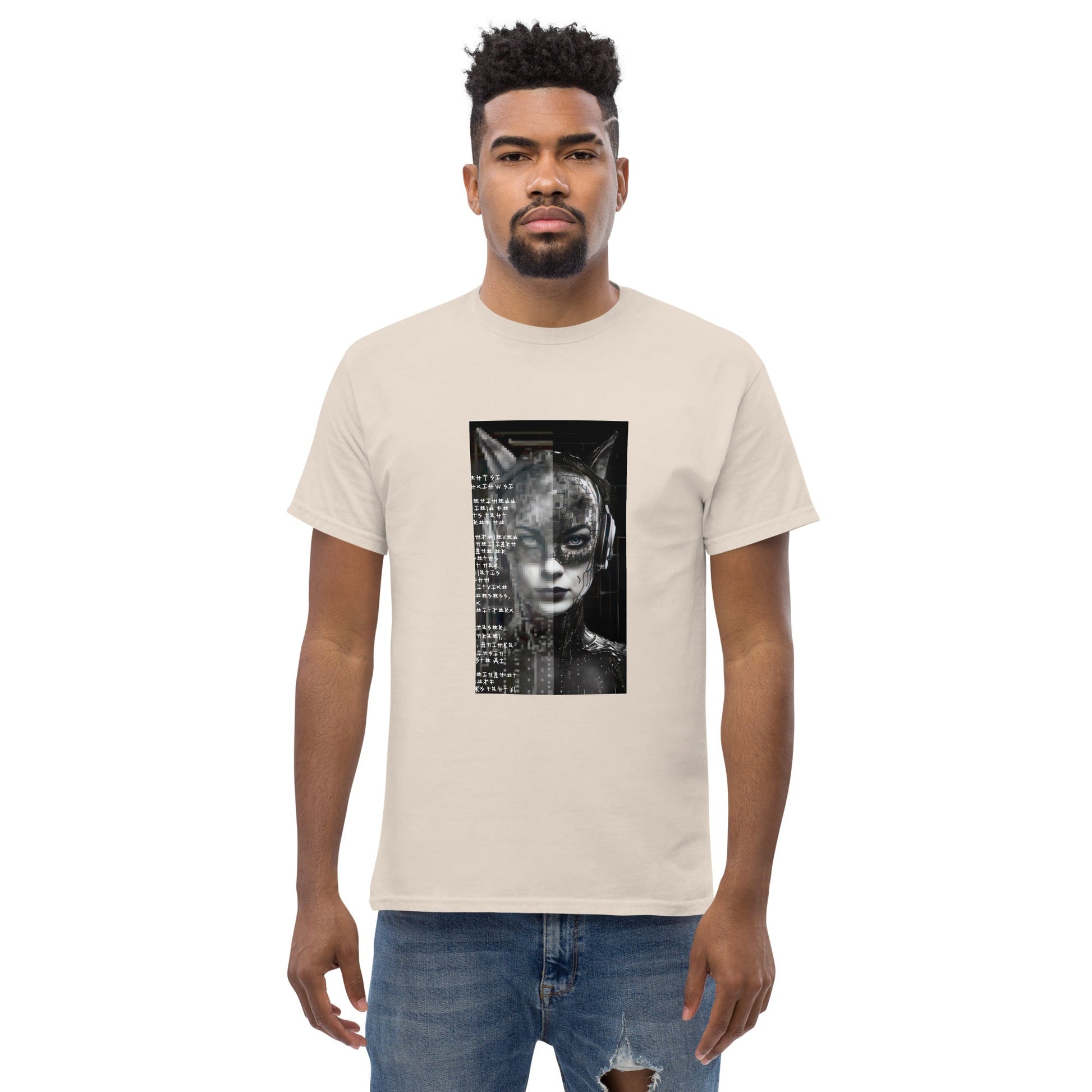 FUTURE CAT 2050 Classic T-Shirt in Natural - Rarileto - Front View on Model