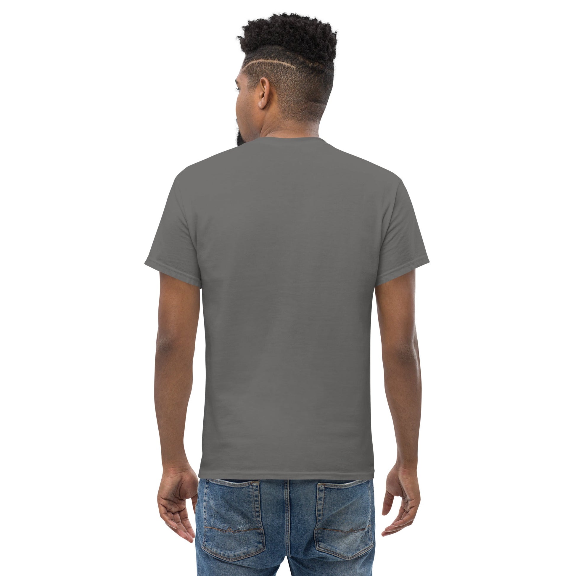 FUTURE CAT 2050 Classic T-Shirt - FUTURE CAT 2050 Classic T-Shirt in Charcoal - Rarileto - Back View on Model