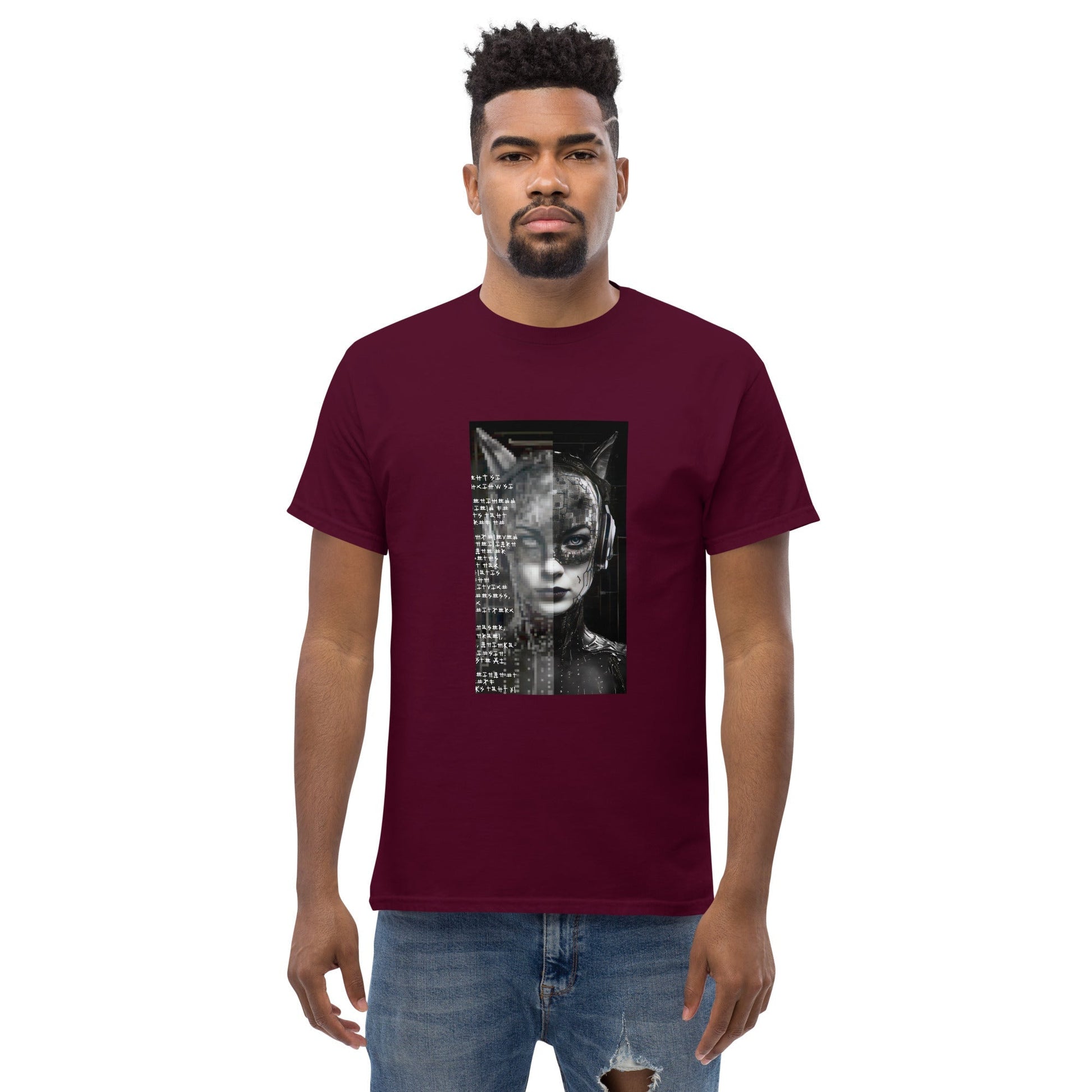 FUTURE CAT 2050 Classic T-Shirt in Maroon - Rarileto - Front View on Model