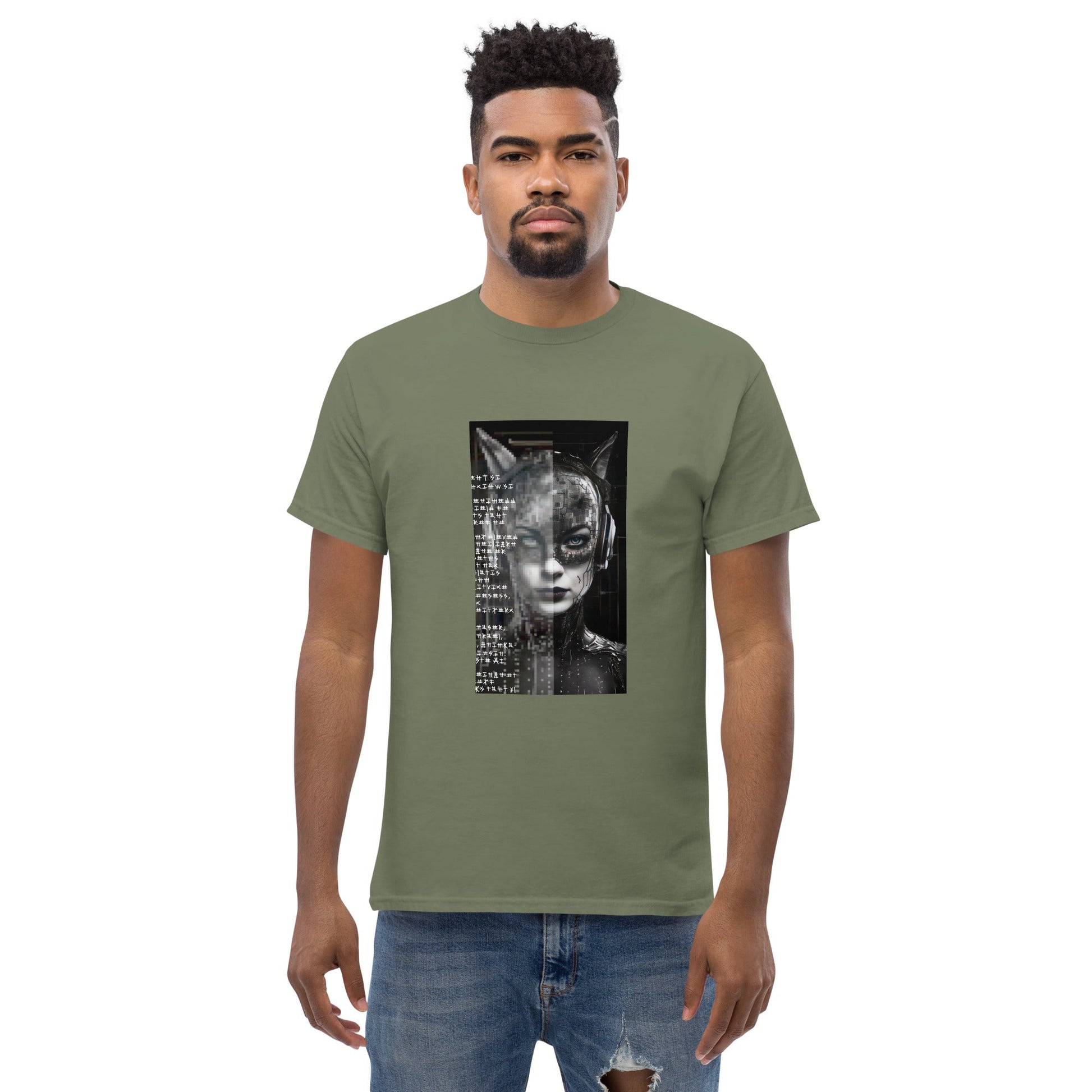 FUTURE CAT 2050 Classic T-Shirt in Military Green - Rarileto - Front View on Model