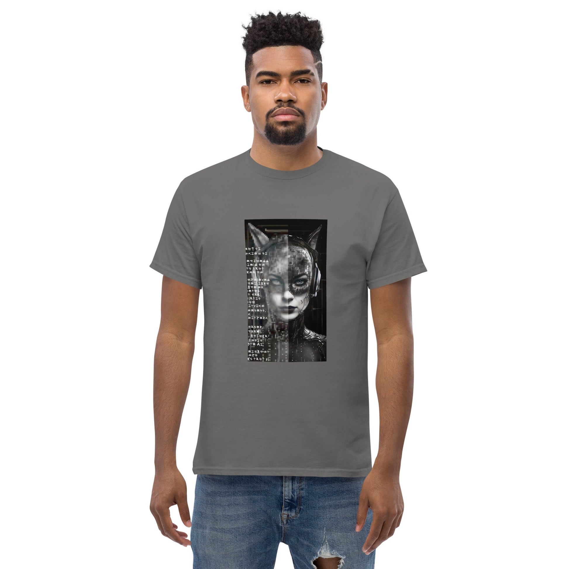 FUTURE CAT 2050 Classic T-Shirt in Charcoal - Rarileto - Front View on Model