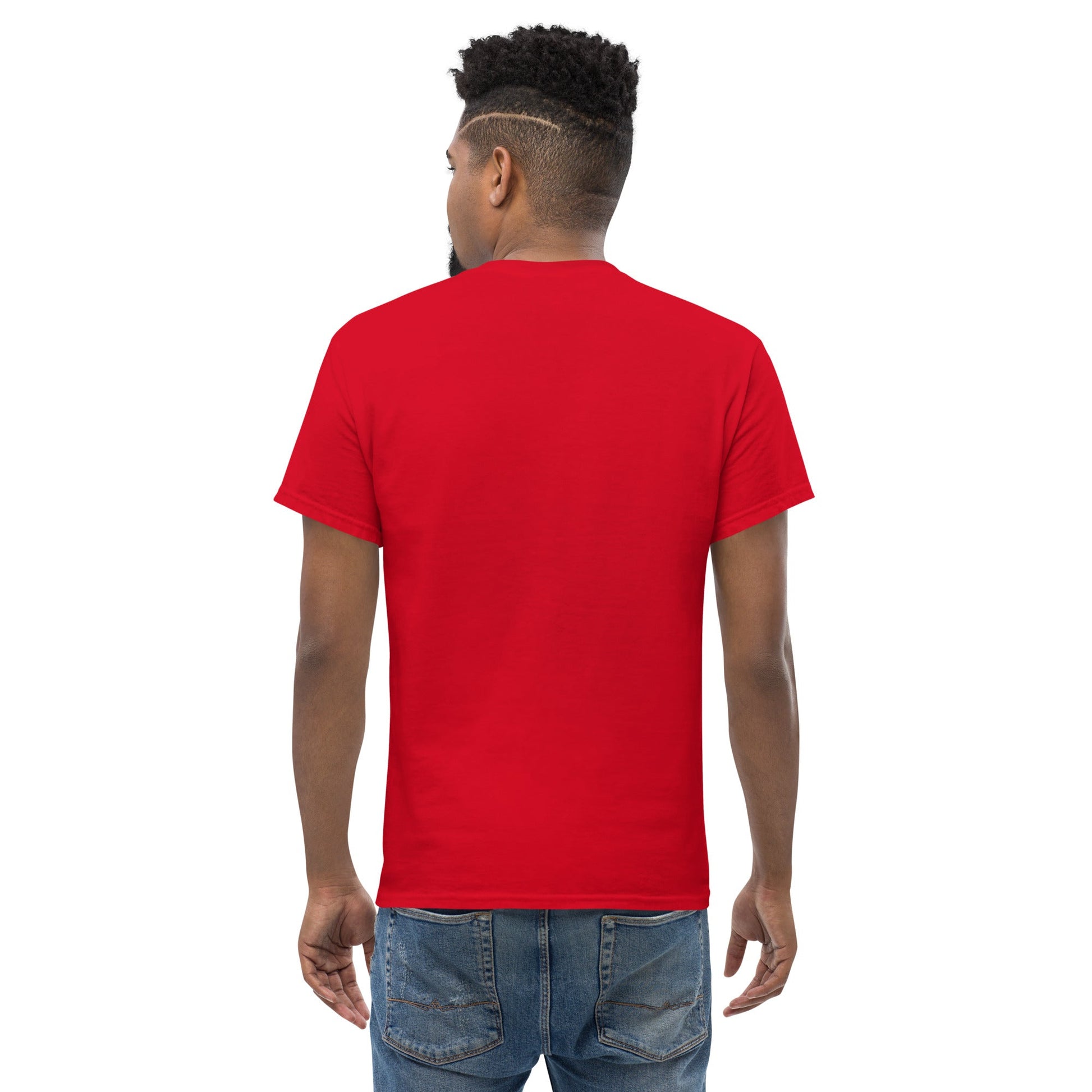 FUTURE CAT 2050 Classic T-Shirt in Red - Rarileto - Back View on Model