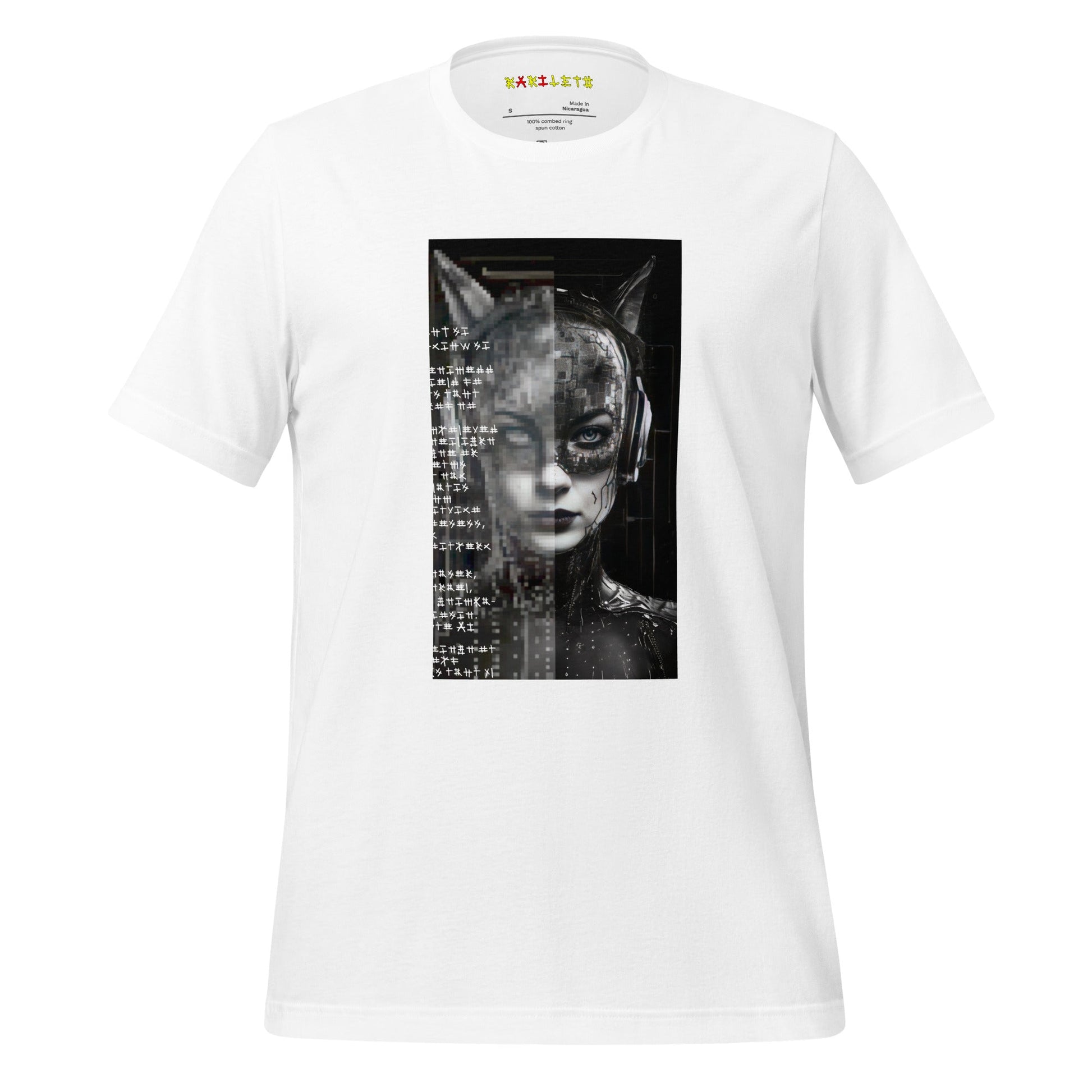 Front Ghost White: FUTURISTIC CAT WOMAN Premium Crew Neck T-Shirt in White (Front Ghost View)