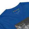 Neck Royal: FUTURISTIC CAT WOMAN Premium Crew Neck T-Shirt in Royal (Neck View)