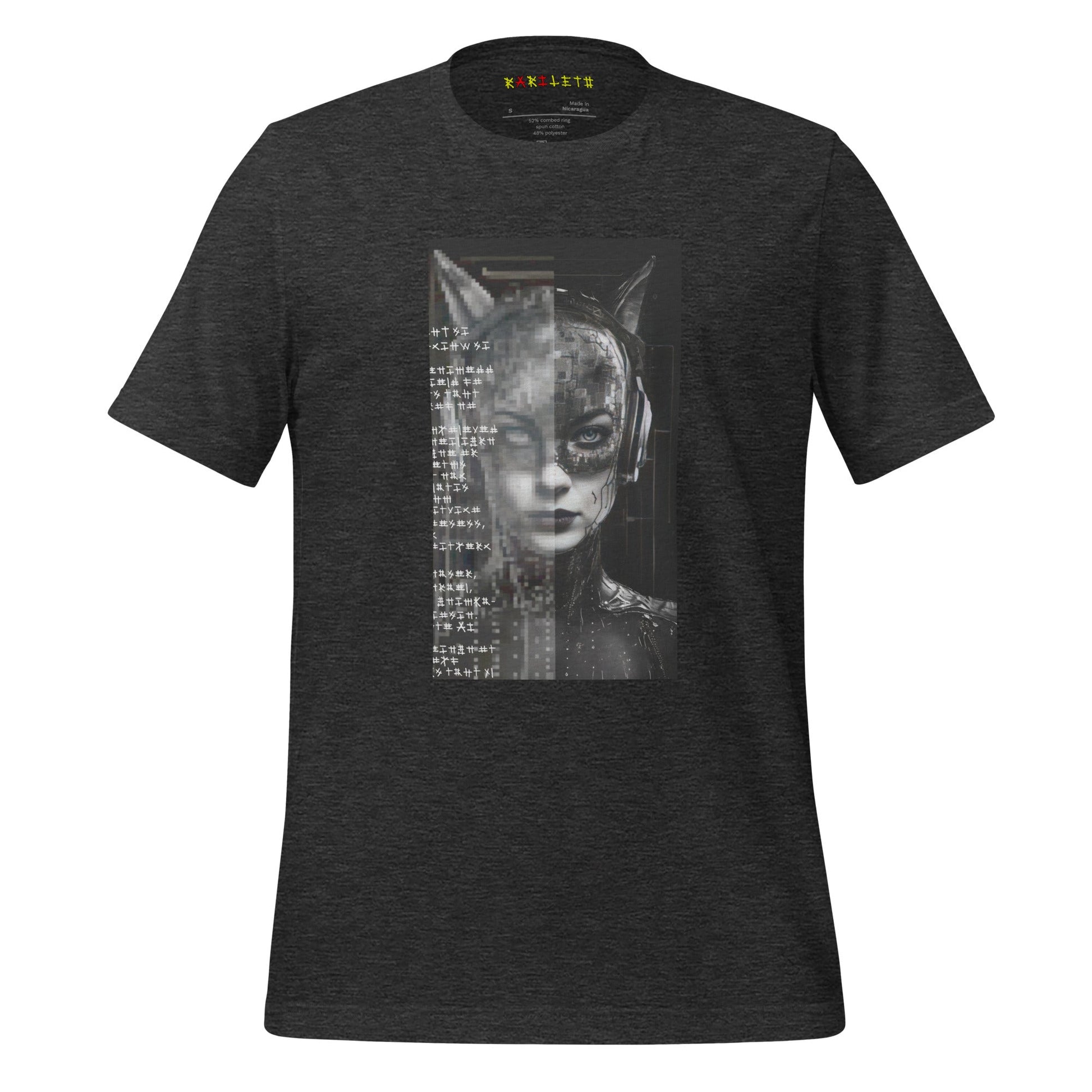 Front Ghost Dark Gray Heather: FUTURISTIC CAT WOMAN Premium Crew Neck T-Shirt in Dark Gray Heather (Front Ghost View)