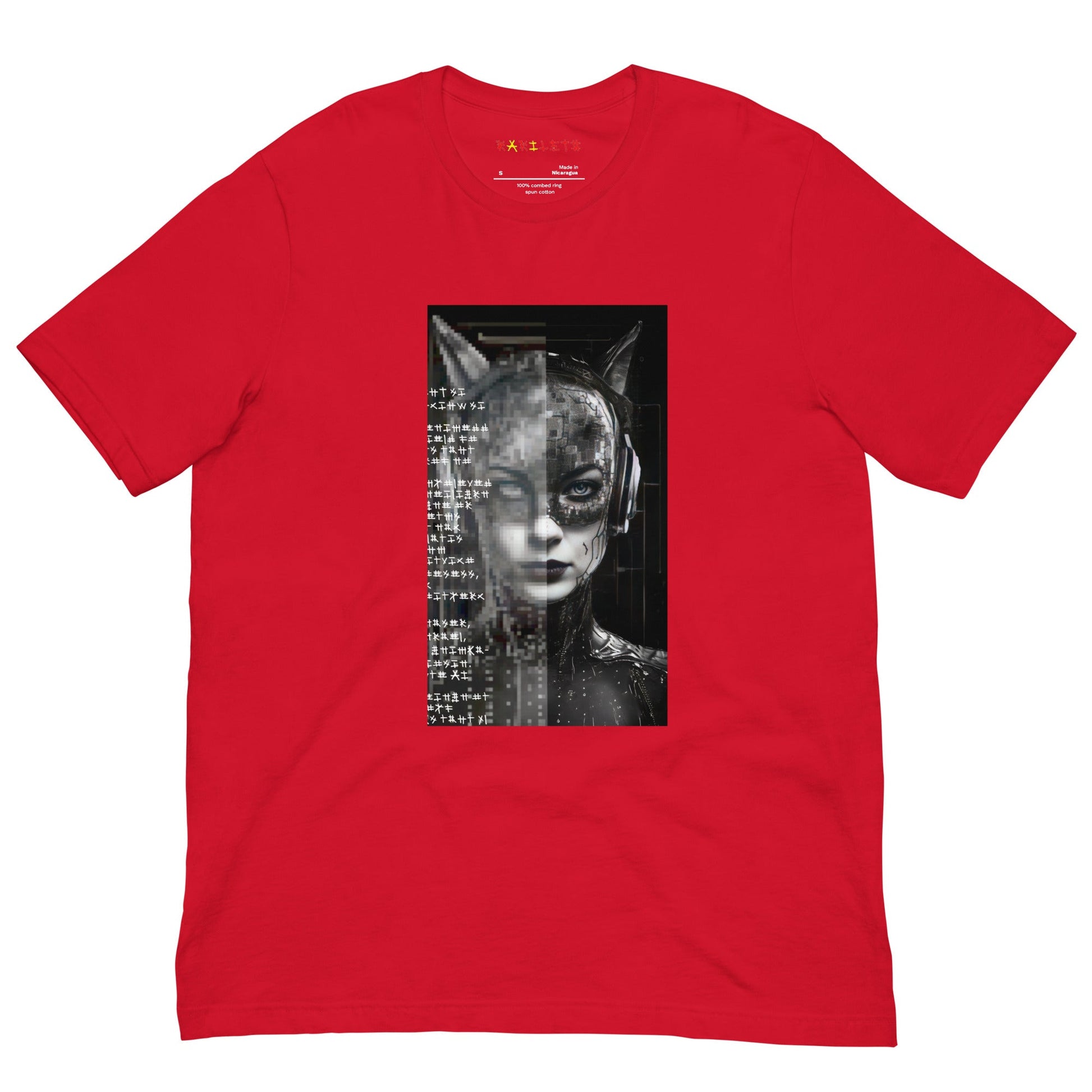 Front Red: FUTURISTIC CAT WOMAN Premium Crew Neck T-Shirt in Red