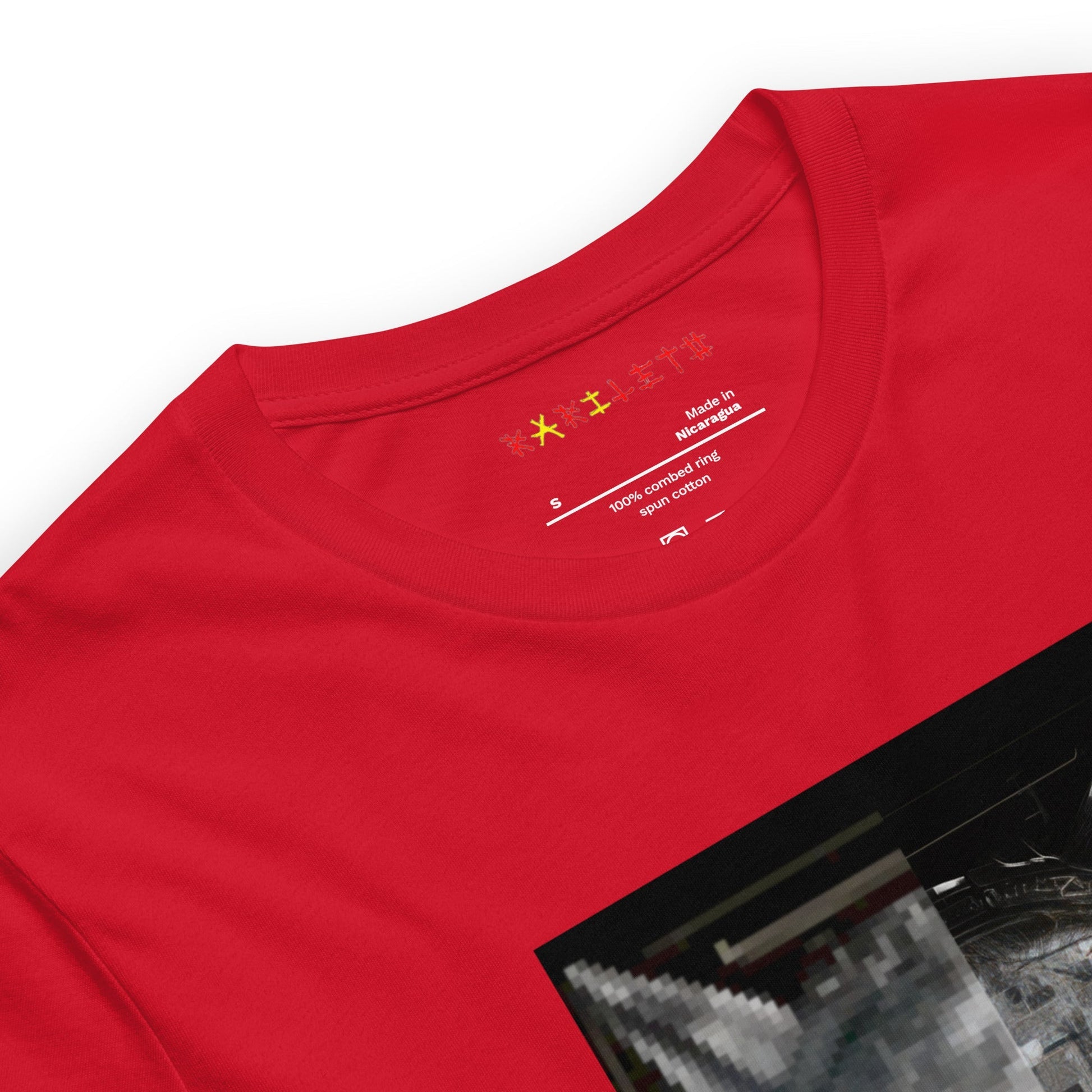 Neck Red: FUTURISTIC CAT WOMAN Premium Crew Neck T-Shirt in Red (Neck View)