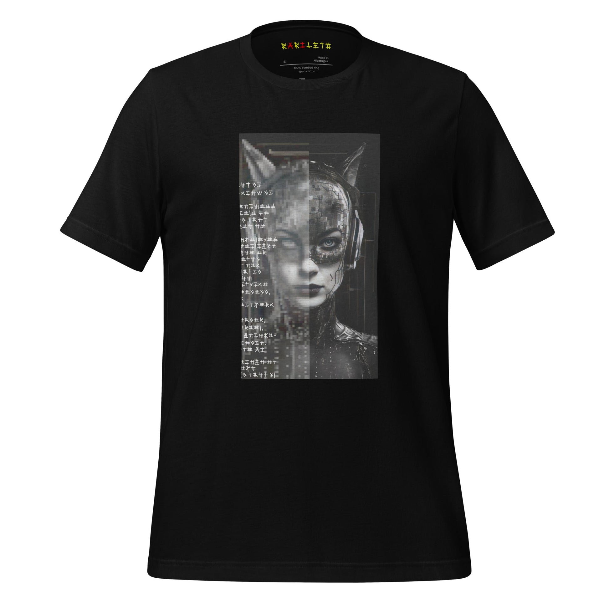 Back Ghost Black: FUTURISTIC CAT WOMAN Premium Crew Neck T-Shirt in Black (Back Ghost View)