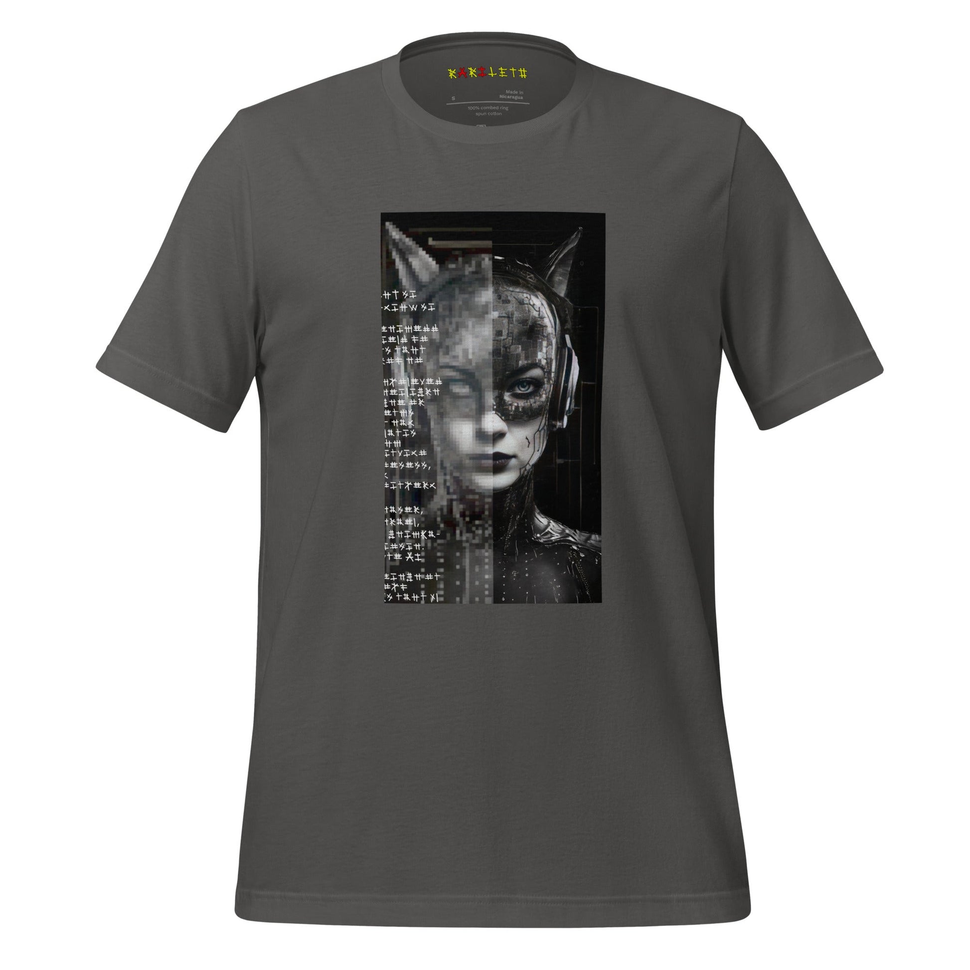 Front Ghost Asphalt: FUTURISTIC CAT WOMAN Premium Crew Neck T-Shirt in Asphalt (Front Ghost View)