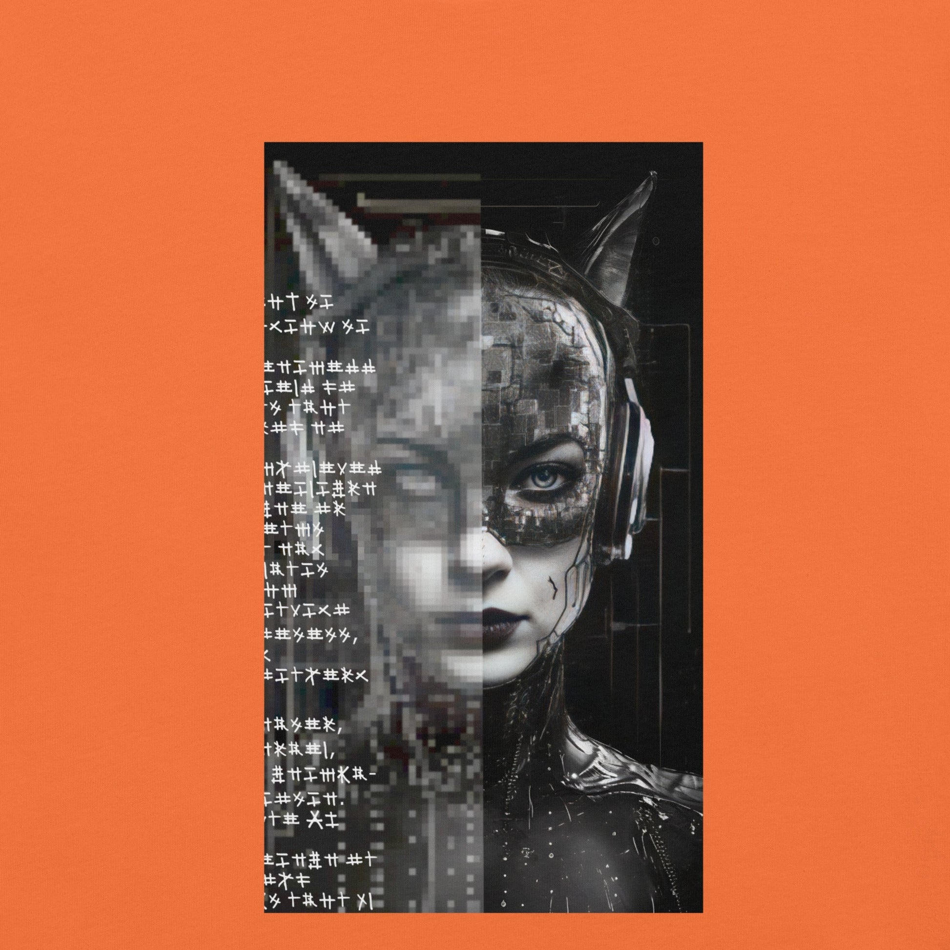 Design Front Orange: FUTURISTIC CAT WOMAN Premium Crew Neck T-Shirt in Orange (Design View)