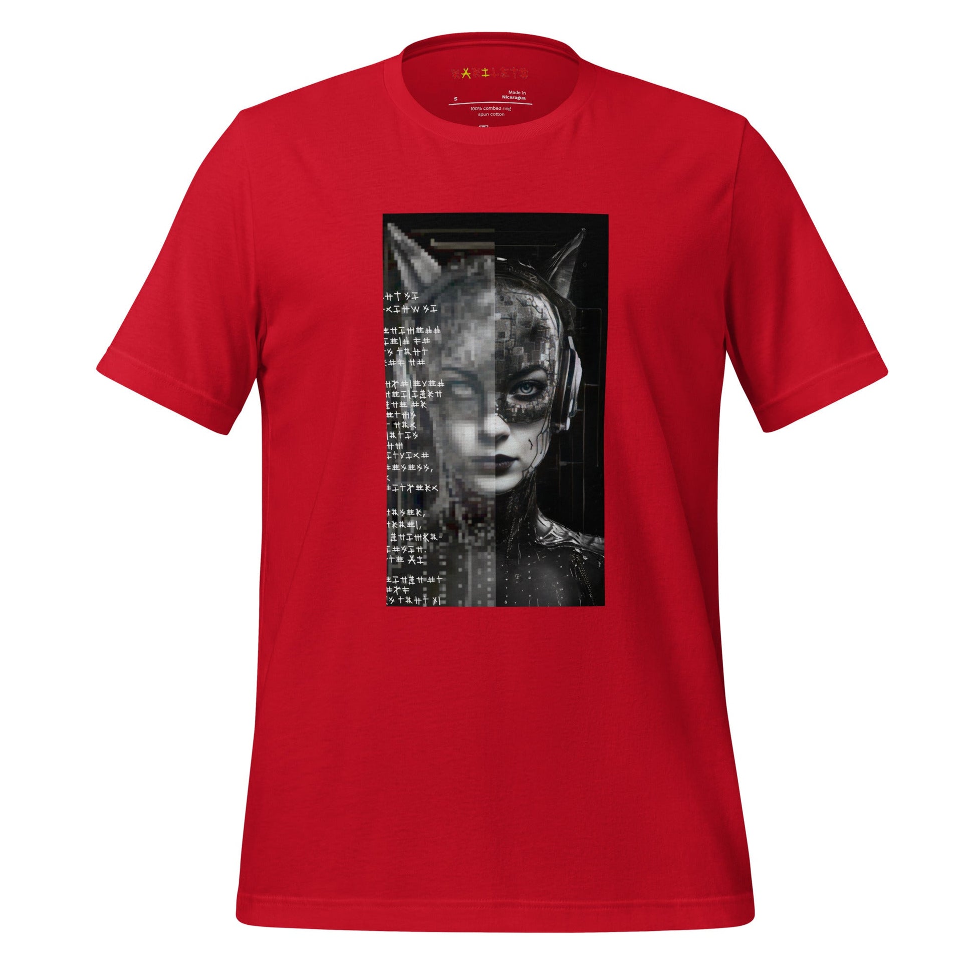 Front Ghost Red: FUTURISTIC CAT WOMAN Premium Crew Neck T-Shirt in Red (Front Ghost View)