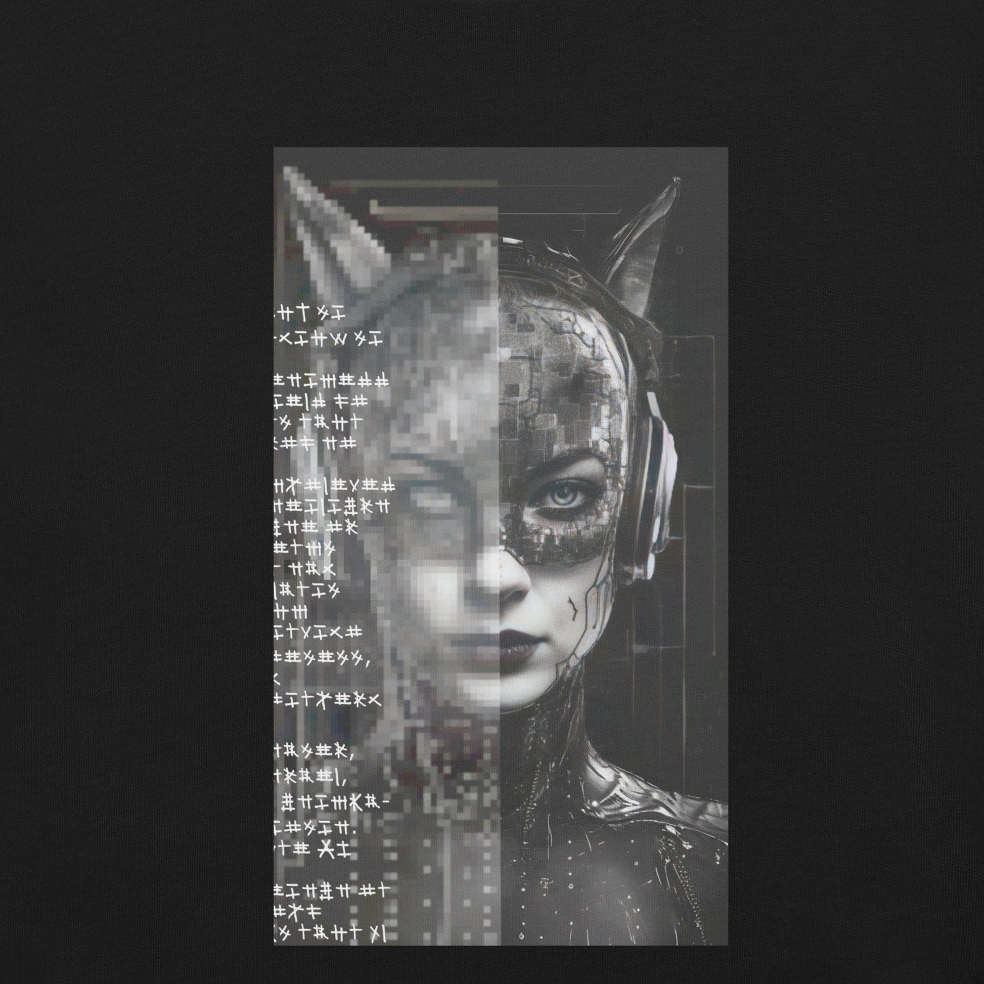 Design Front Black: FUTURISTIC CAT WOMAN Premium Crew Neck T-Shirt in Black (Design View)