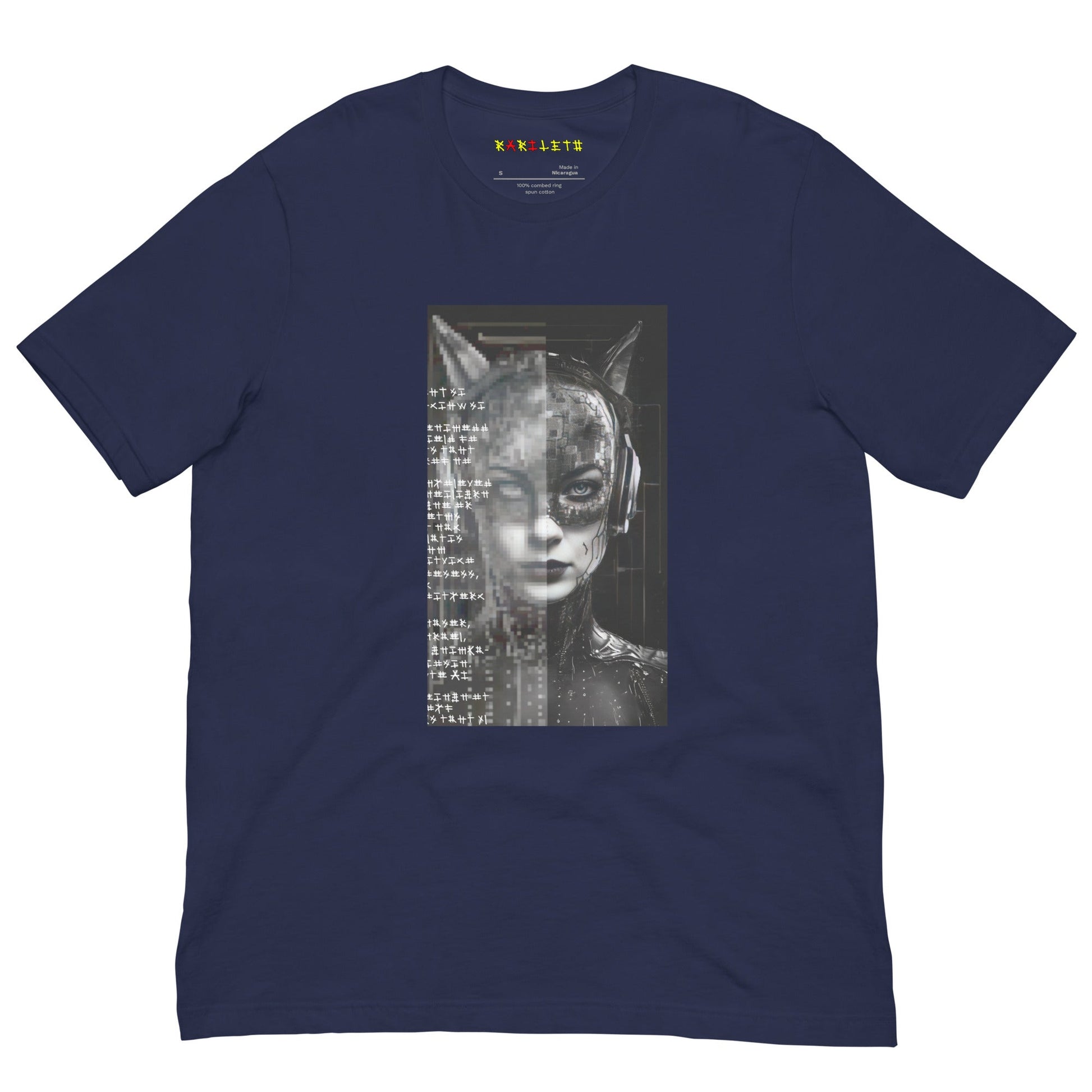 Front Navy: FUTURISTIC CAT WOMAN Premium Crew Neck T-Shirt in Navy