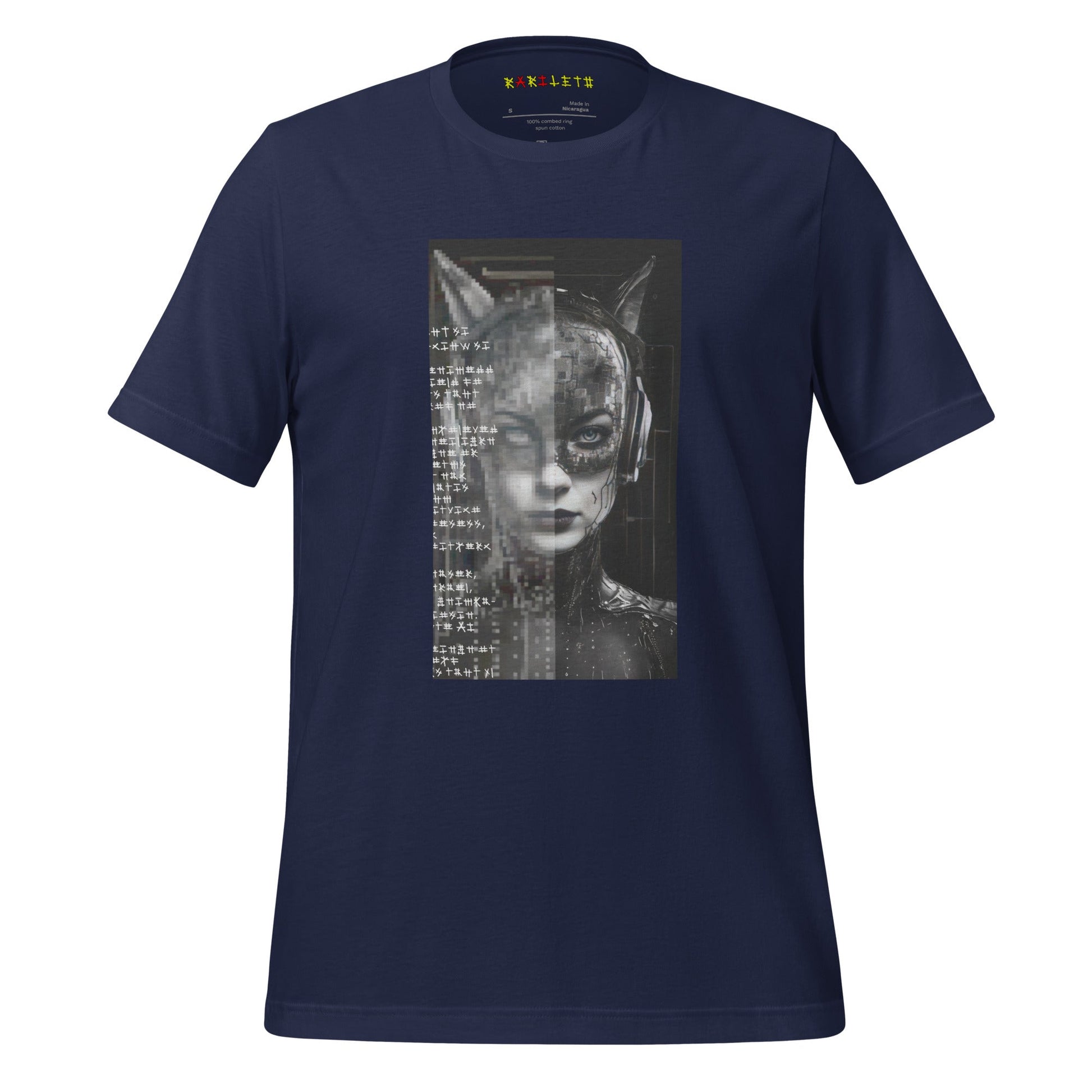 Front Ghost Navy: FUTURISTIC CAT WOMAN Premium Crew Neck T-Shirt in Navy (Front Ghost View)