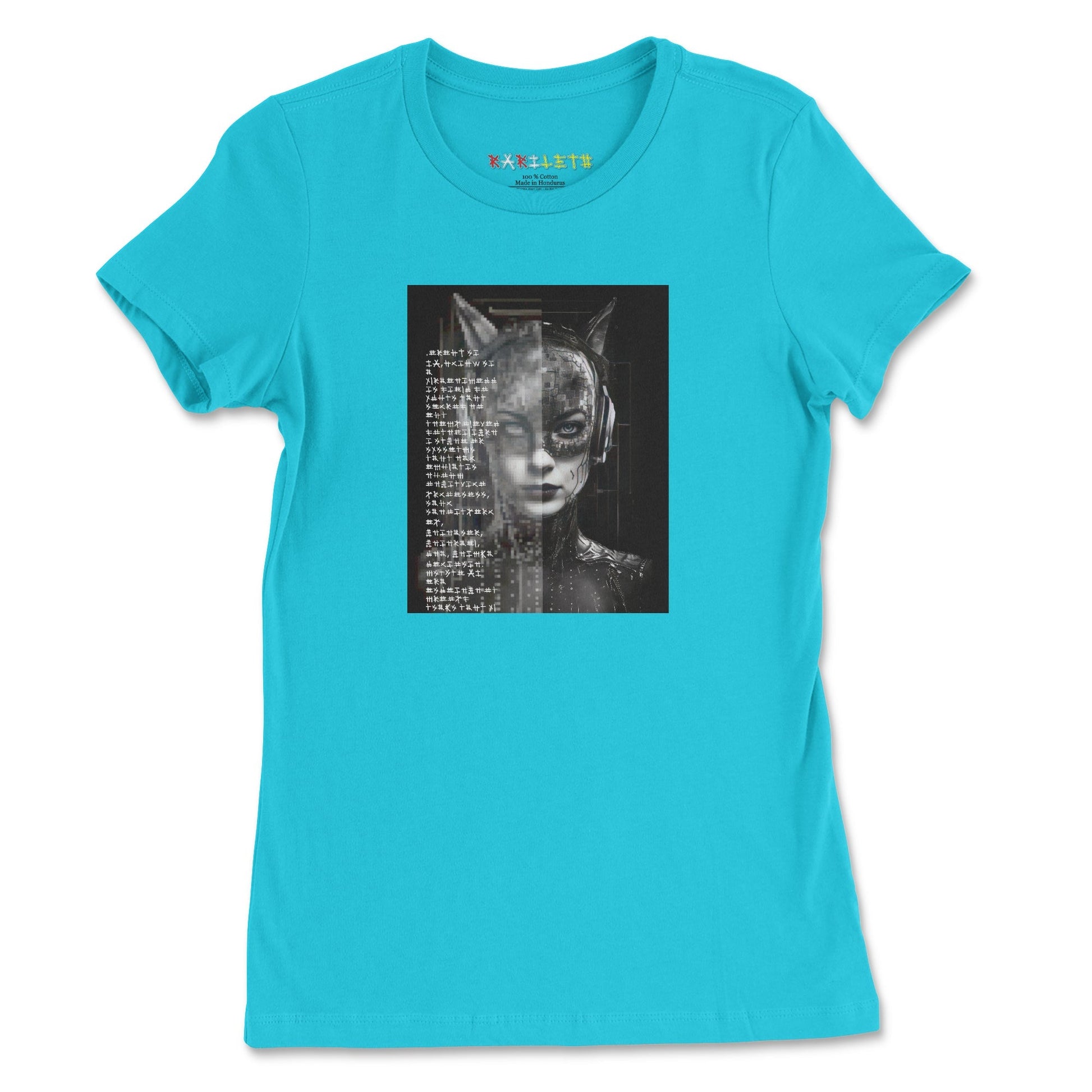 FUTURISTIC CAT WOMEN 2050 Premium Tee in Turquoise - Rarileto - Front View