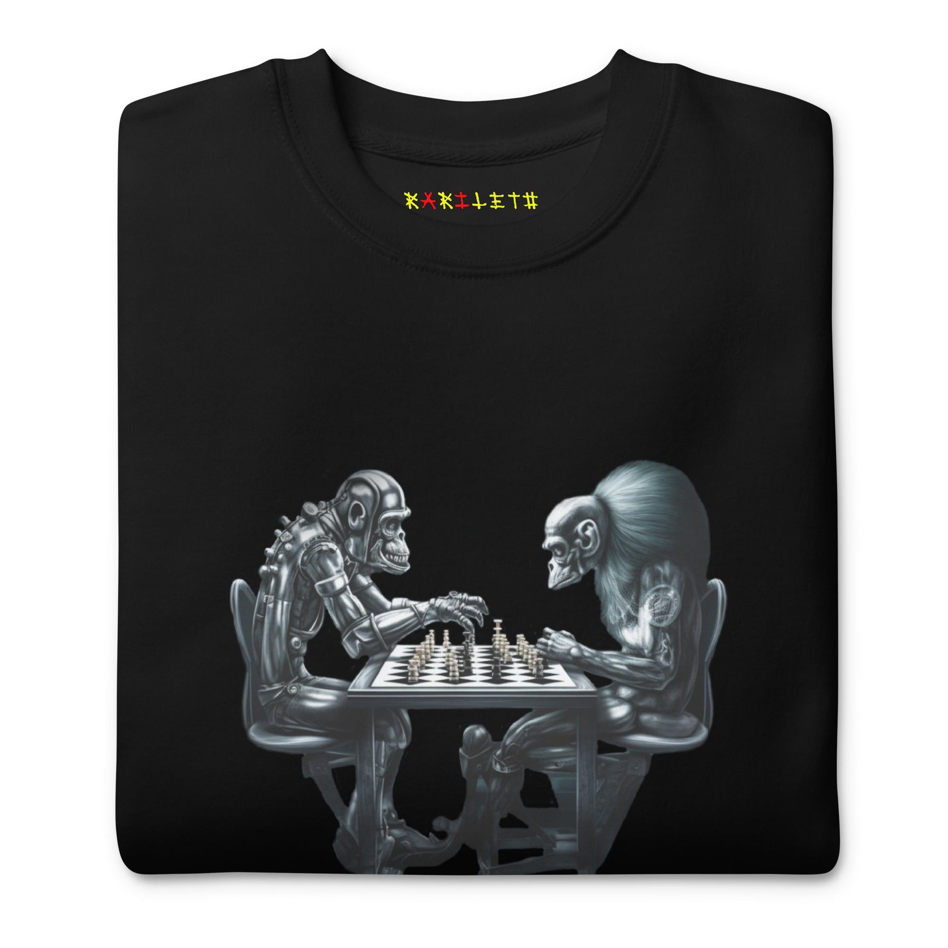 Folded Front: FUTURISTIC MONKEY CHESS Sweatshirt in Black - Folded Front View