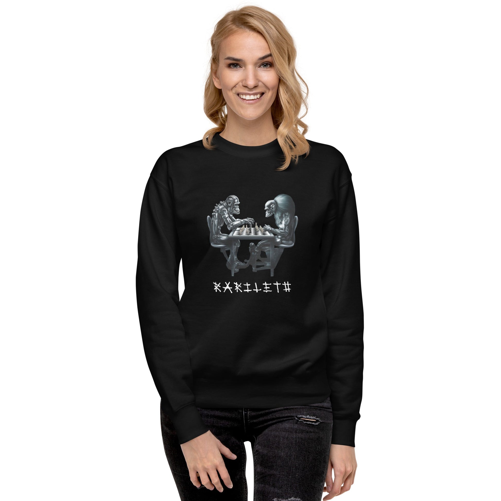 Female Model Front: FUTURISTIC MONKEY CHESS Sweatshirt in Black on Female Model