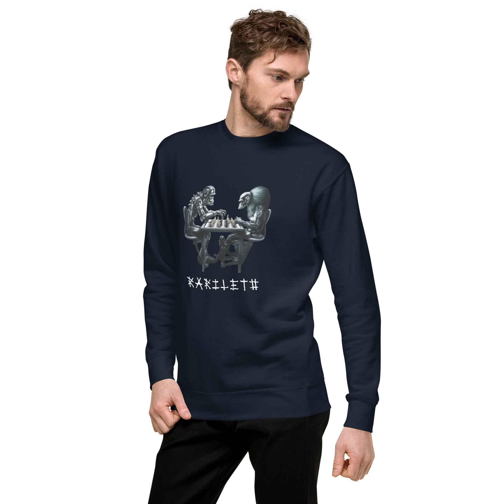 Male Model Front: FUTURISTIC MONKEY CHESS Sweatshirt in Navy on Male Model