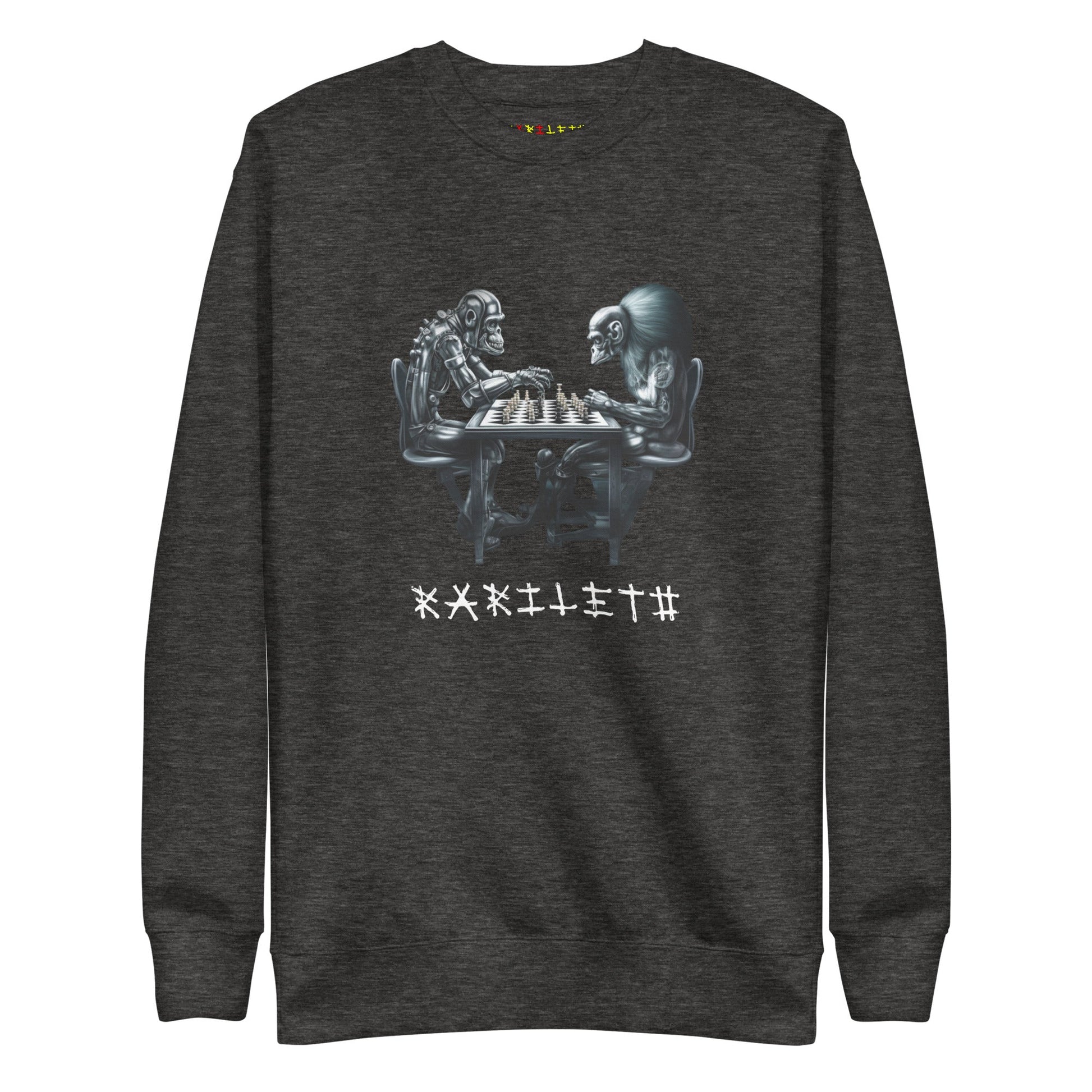 Front: FUTURISTIC MONKEY CHESS Sweatshirt in Charcoal Heather