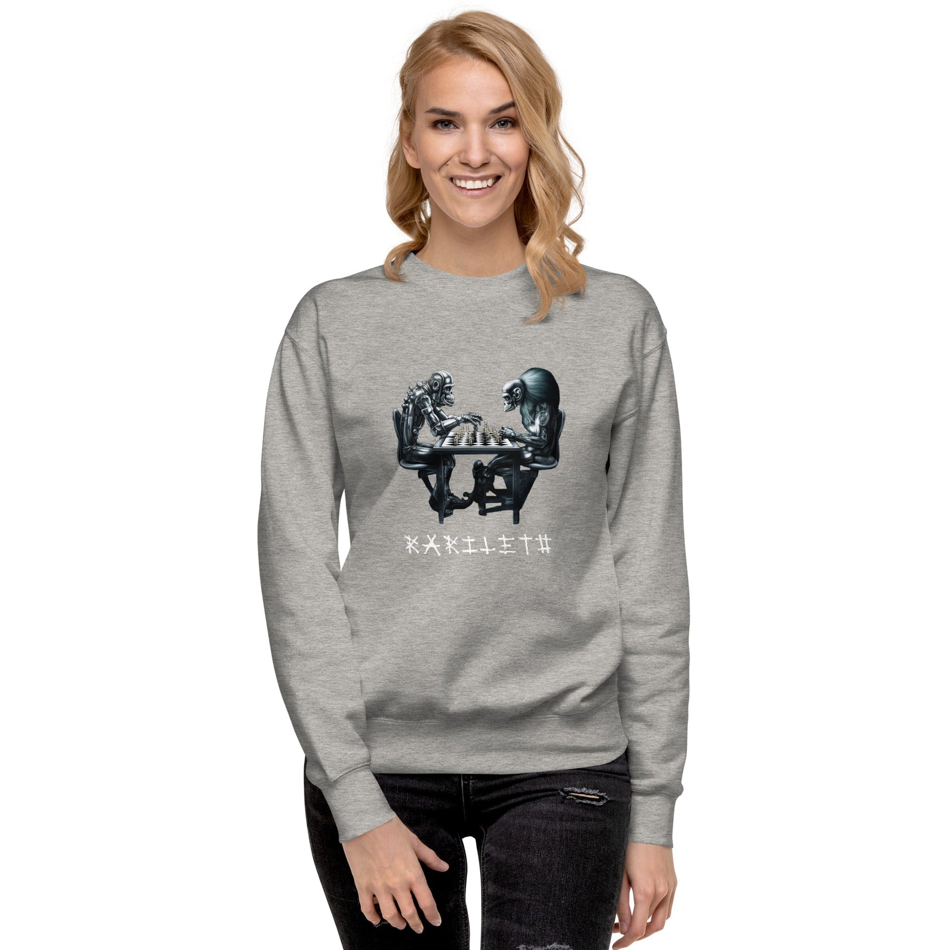 Female Model Front: FUTURISTIC MONKEY CHESS Sweatshirt in Gray on Female Model