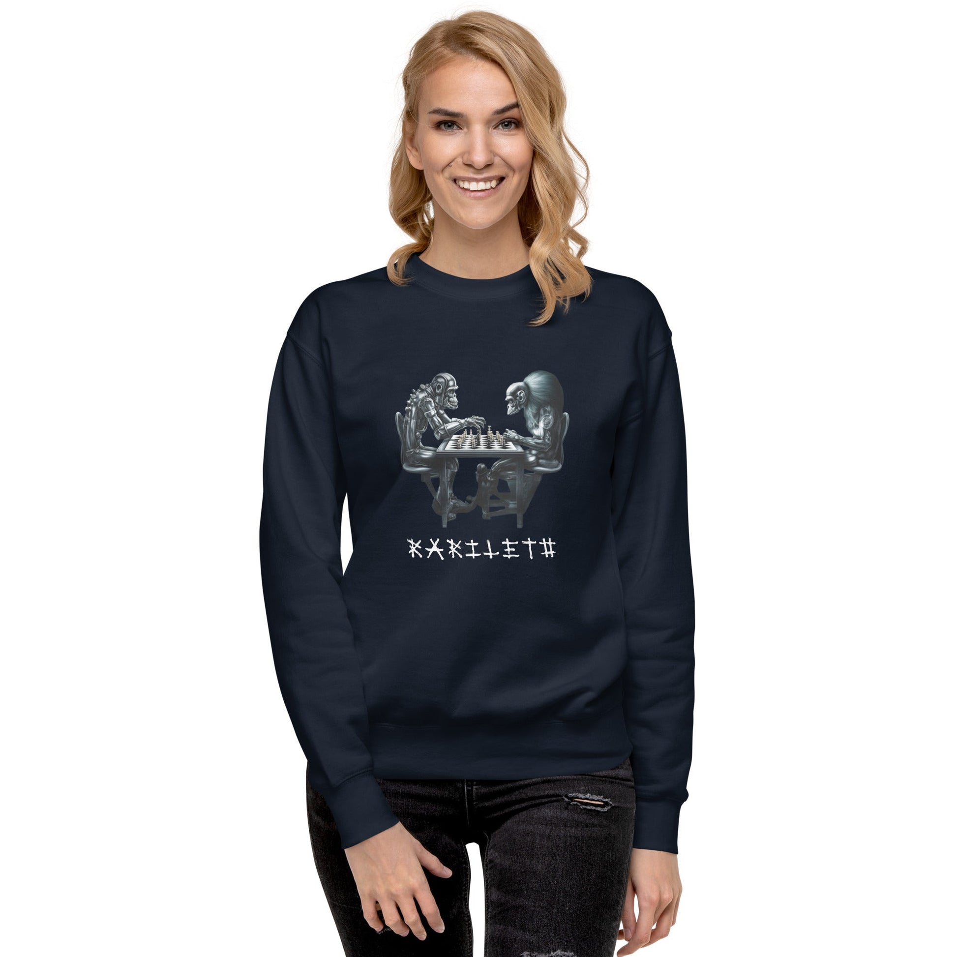 Female Model Front: FUTURISTIC MONKEY CHESS Sweatshirt in Navy on Female Model