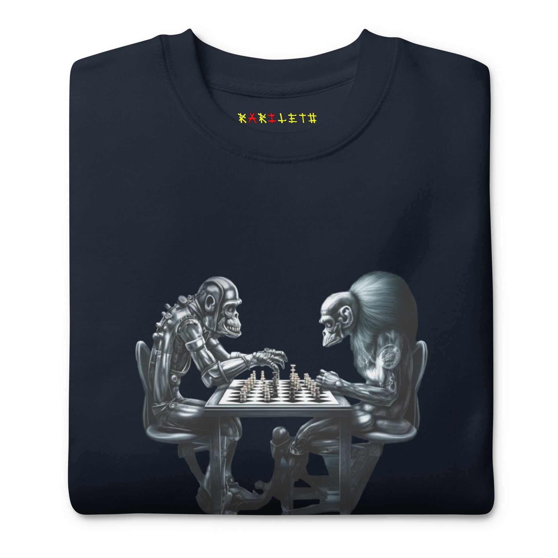 Folded Front: FUTURISTIC MONKEY CHESS Sweatshirt in Navy - Folded Front View