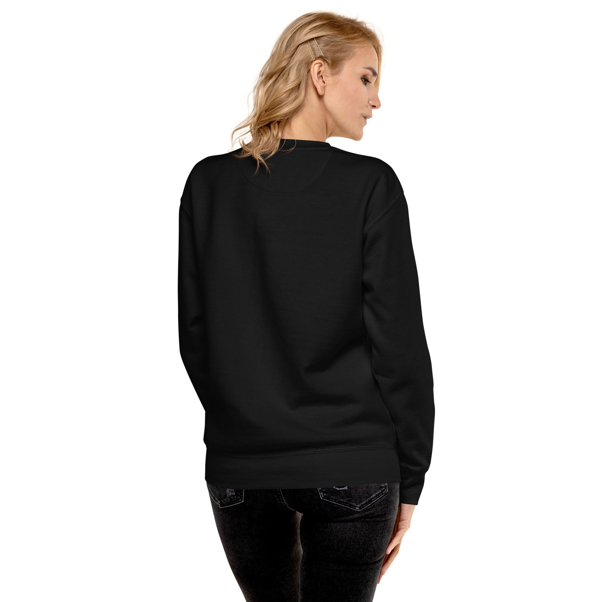 Female Model Back: FUTURISTIC MONKEY CHESS Sweatshirt in Black on Female Model