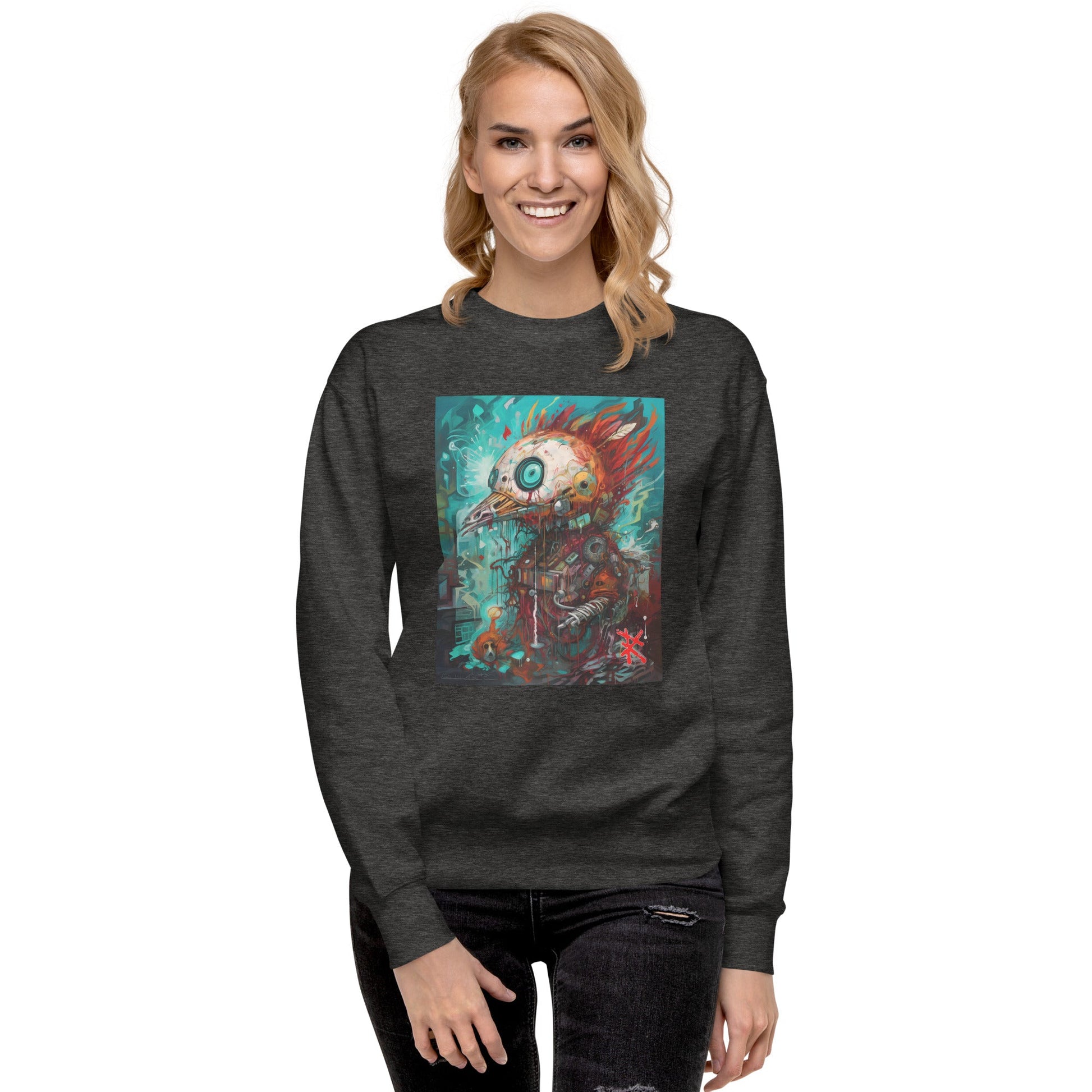 Female Model Front: FUTURISTIC ROBOT BIRD Sweatshirt in Charcoal Heather on Female Model