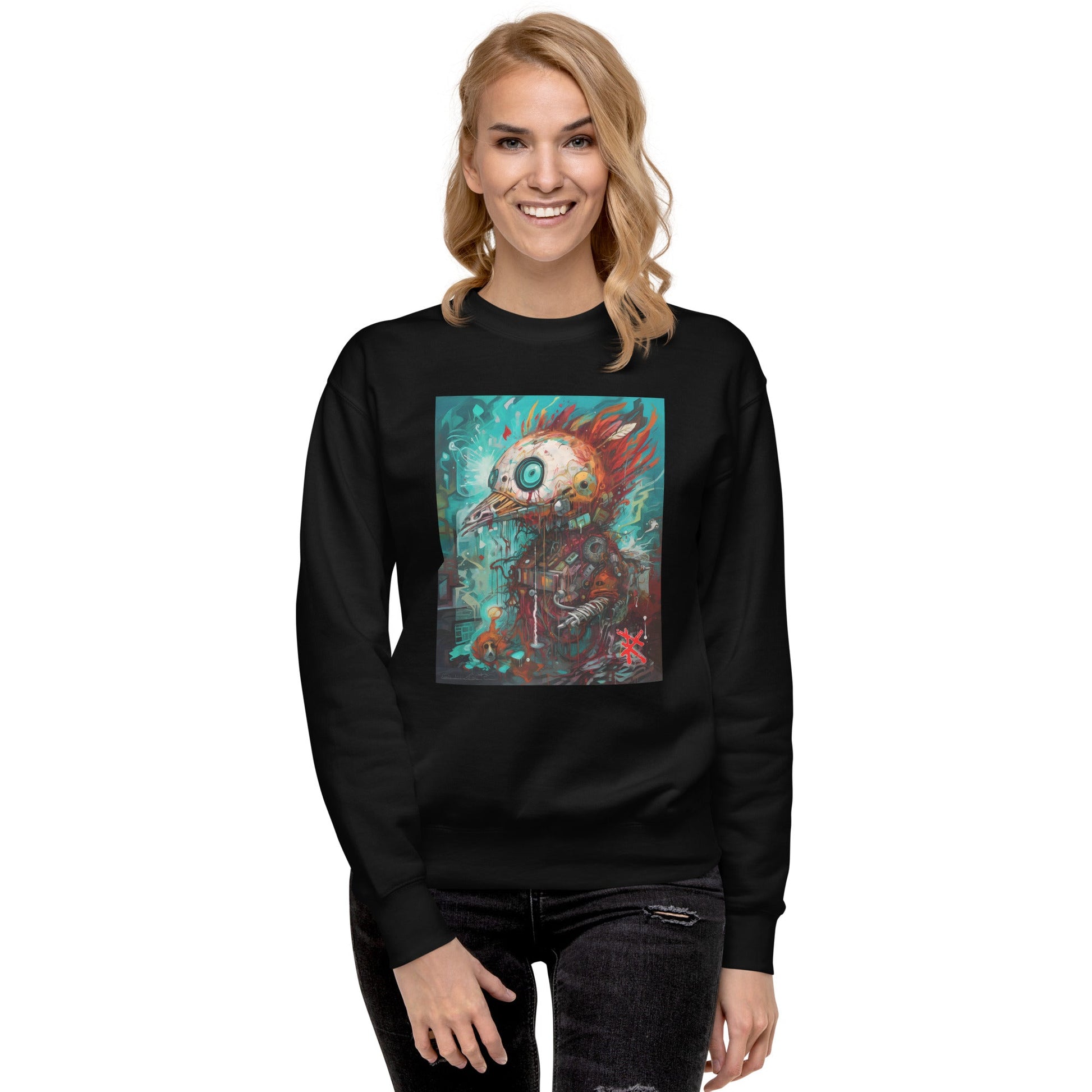 Female Model Front: FUTURISTIC ROBOT BIRD Sweatshirt in Black on Female Model