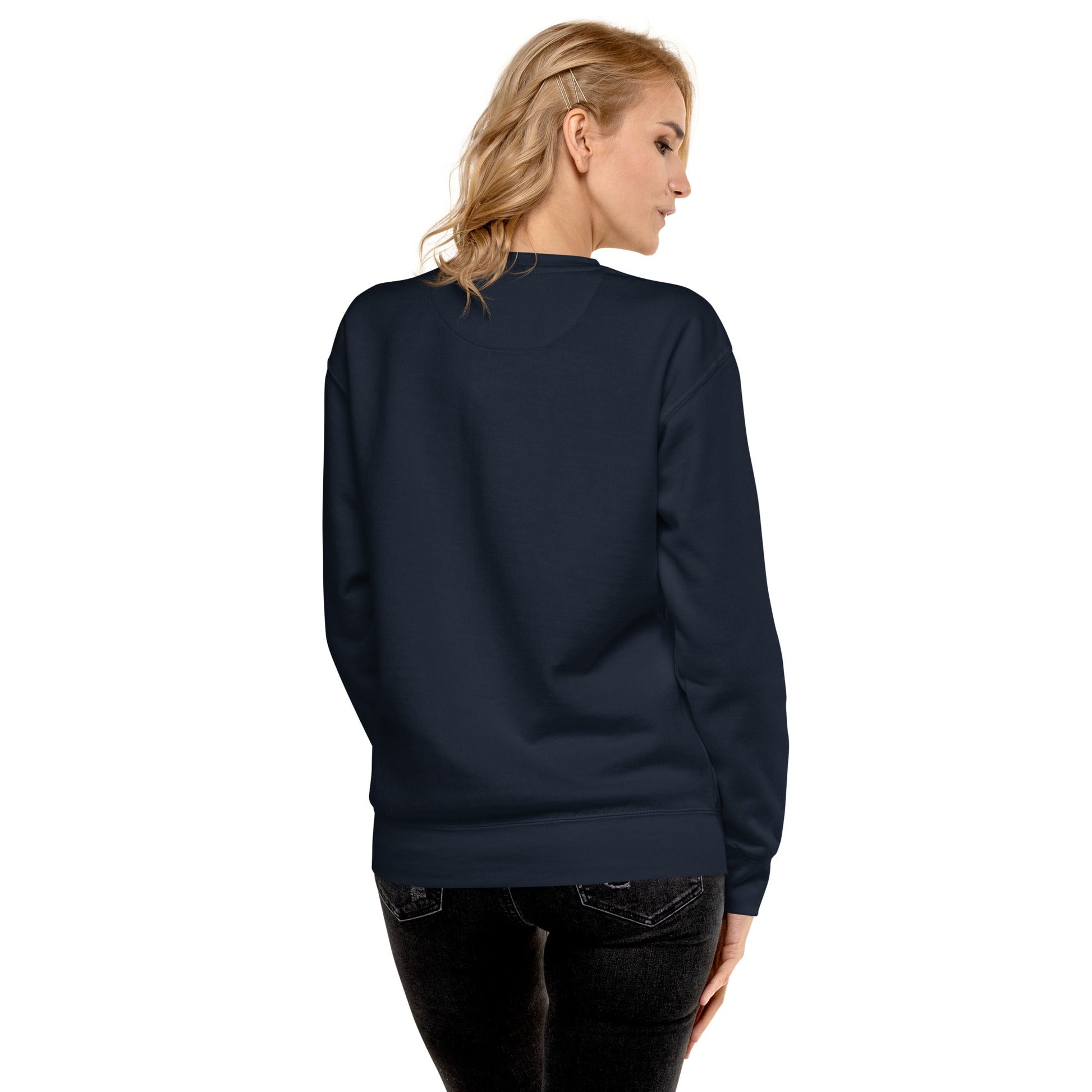 Female Model Back: FUTURISTIC ROBOT BIRD Sweatshirt in Navy on Female Model