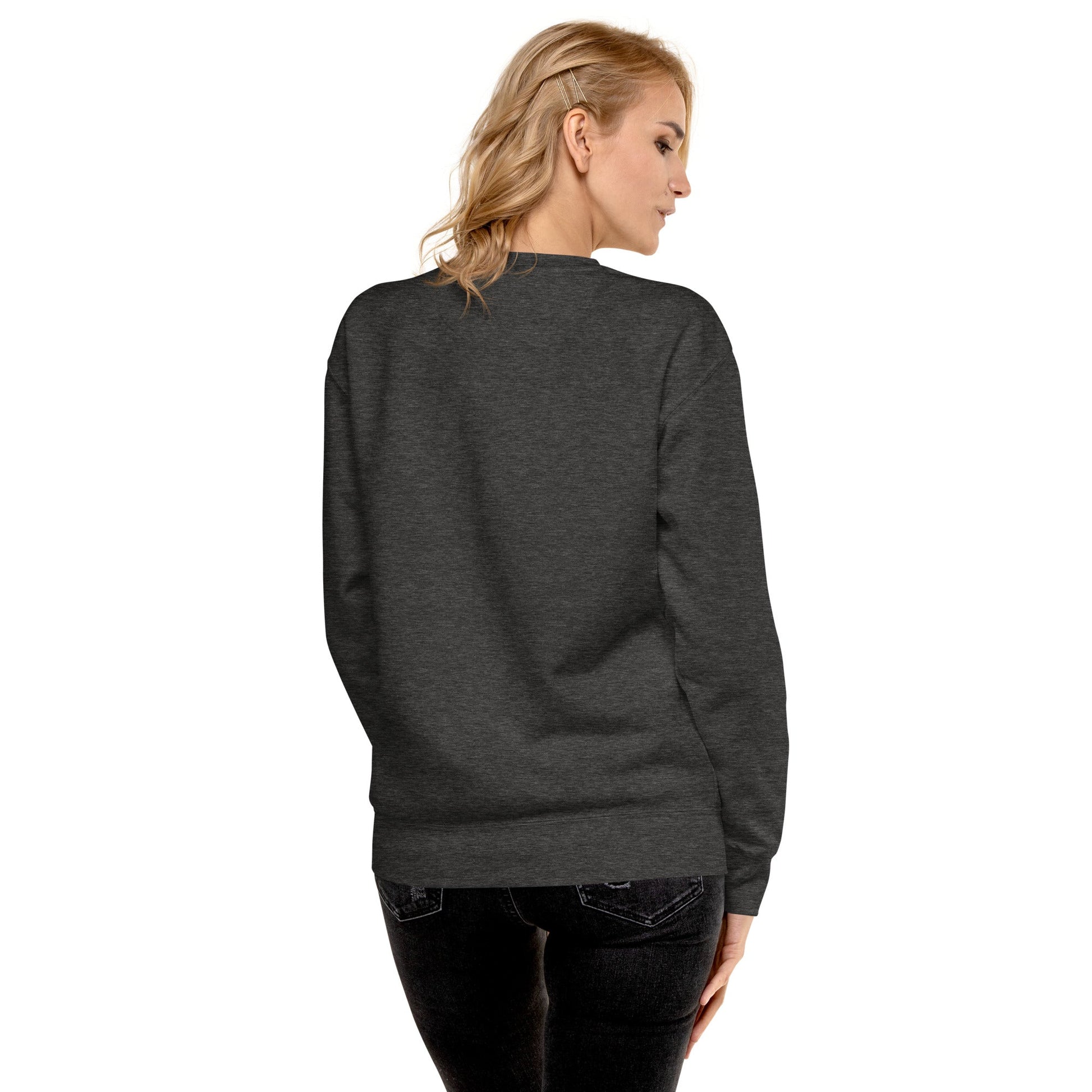 Female Model Back: FUTURISTIC ROBOT BIRD Sweatshirt in Charcoal Heather on Female Model