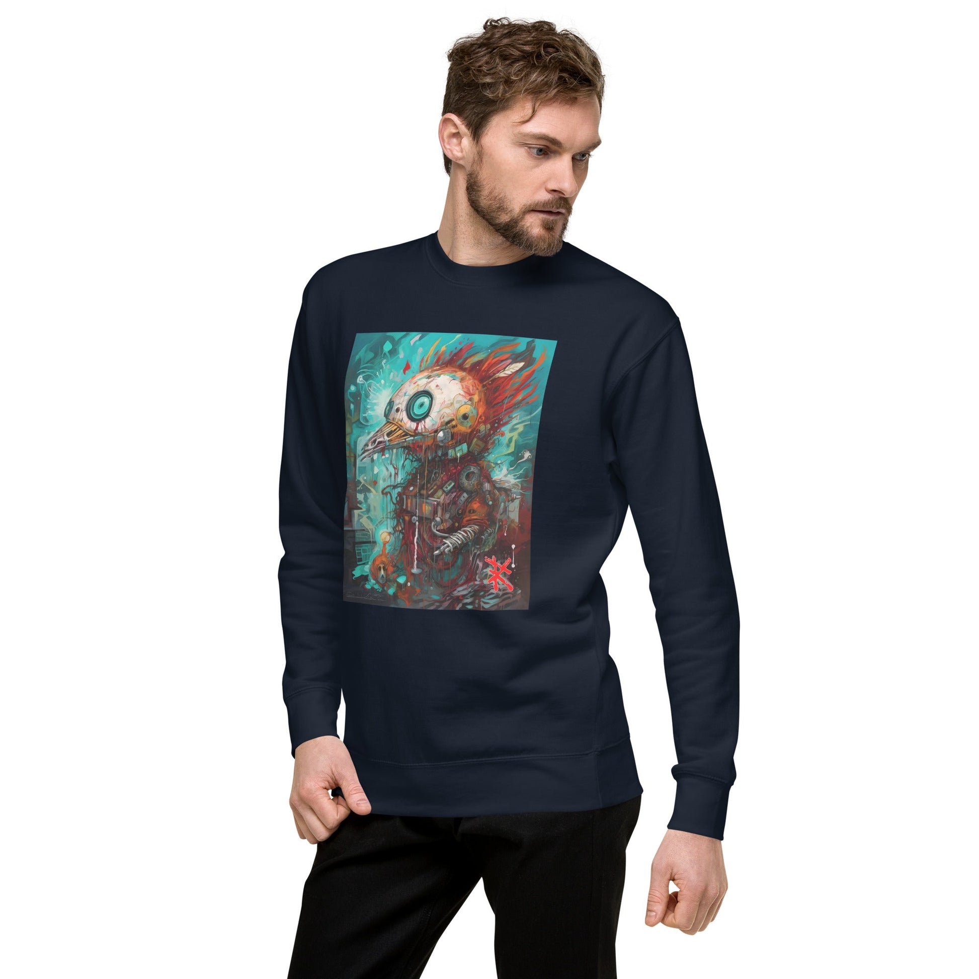 Male Model Front: FUTURISTIC ROBOT BIRD Sweatshirt in Navy on Male Model