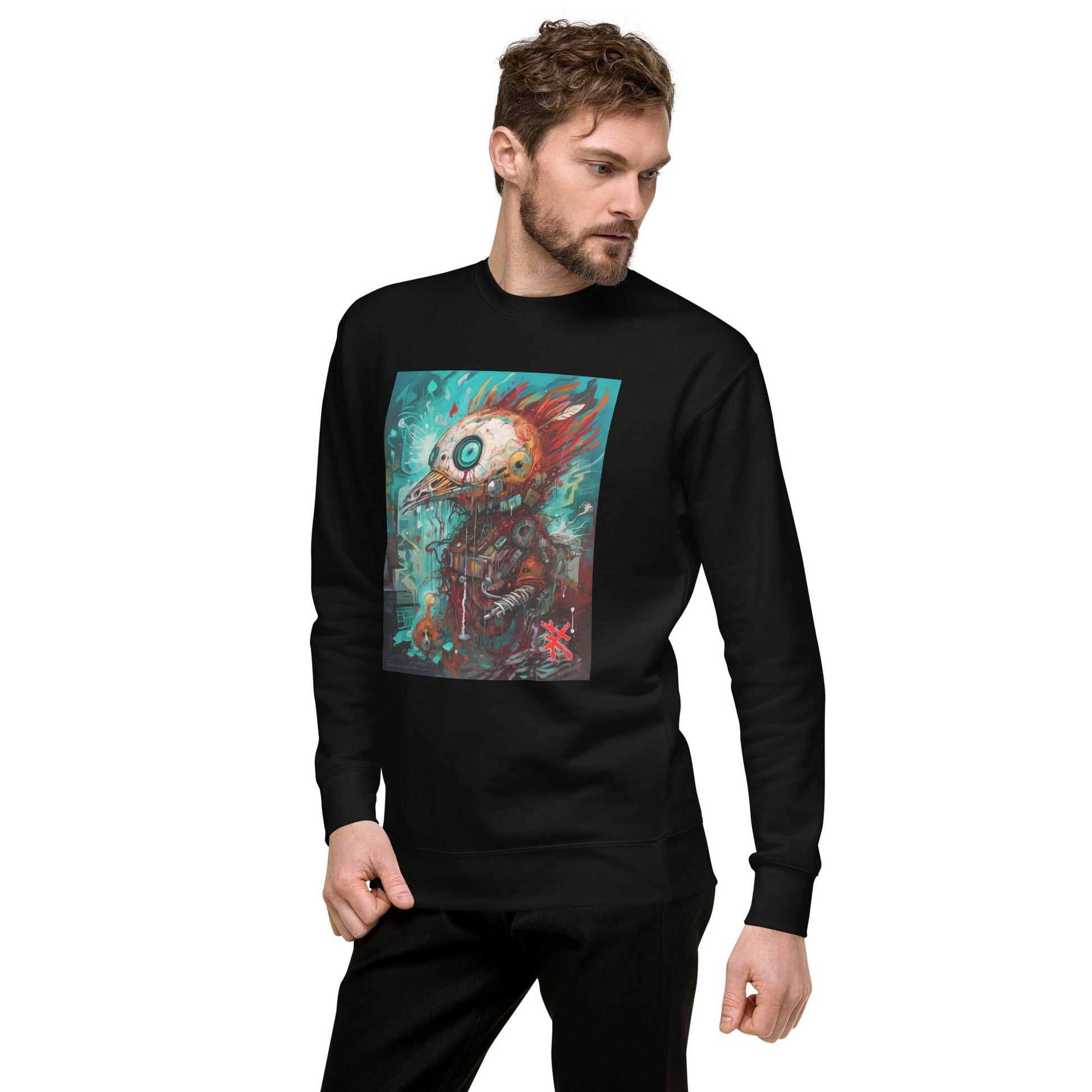 Male Model Front: FUTURISTIC ROBOT BIRD Sweatshirt in Black on Male Model