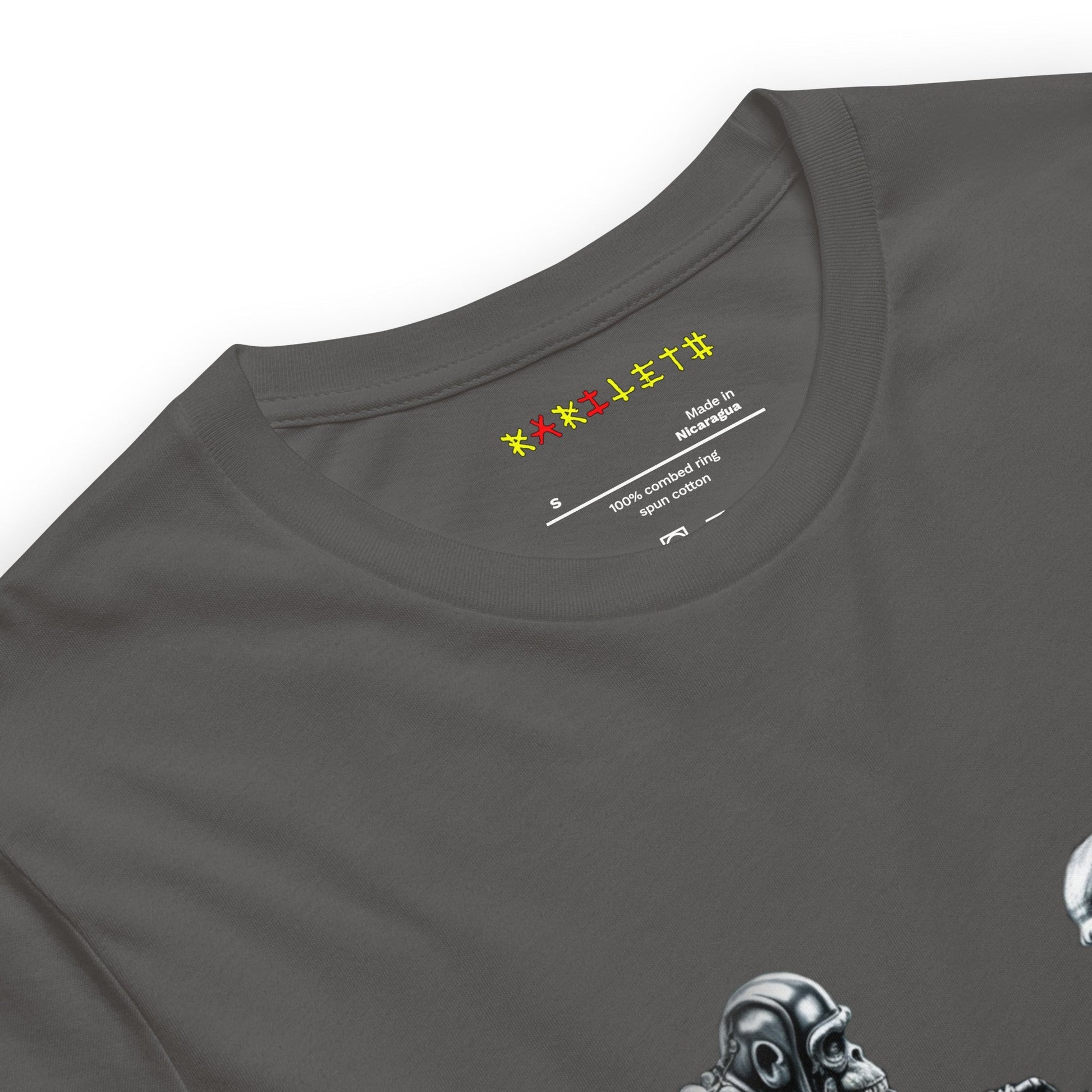 Neck Asphalt: FUTURISTIC ROBOT MONKEY CHESS PLAYERS Premium Crewneck T-Shirt in Asphalt (Neck View)