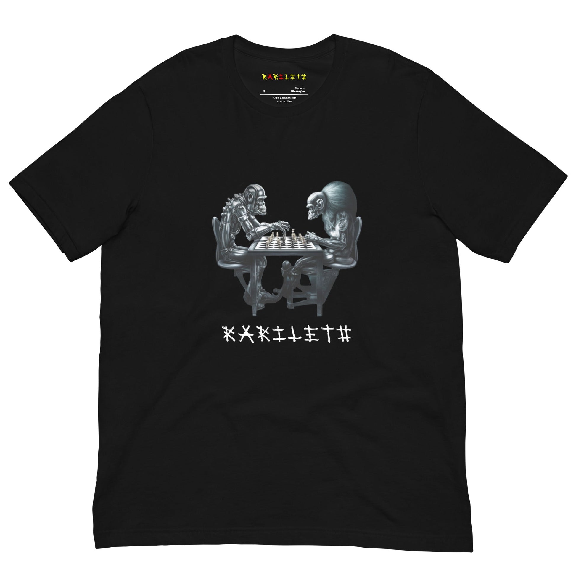 Black Front View of FUTURISTIC ROBOT MONKEY CHESS PLAYERS Premium Crewneck T-Shirt