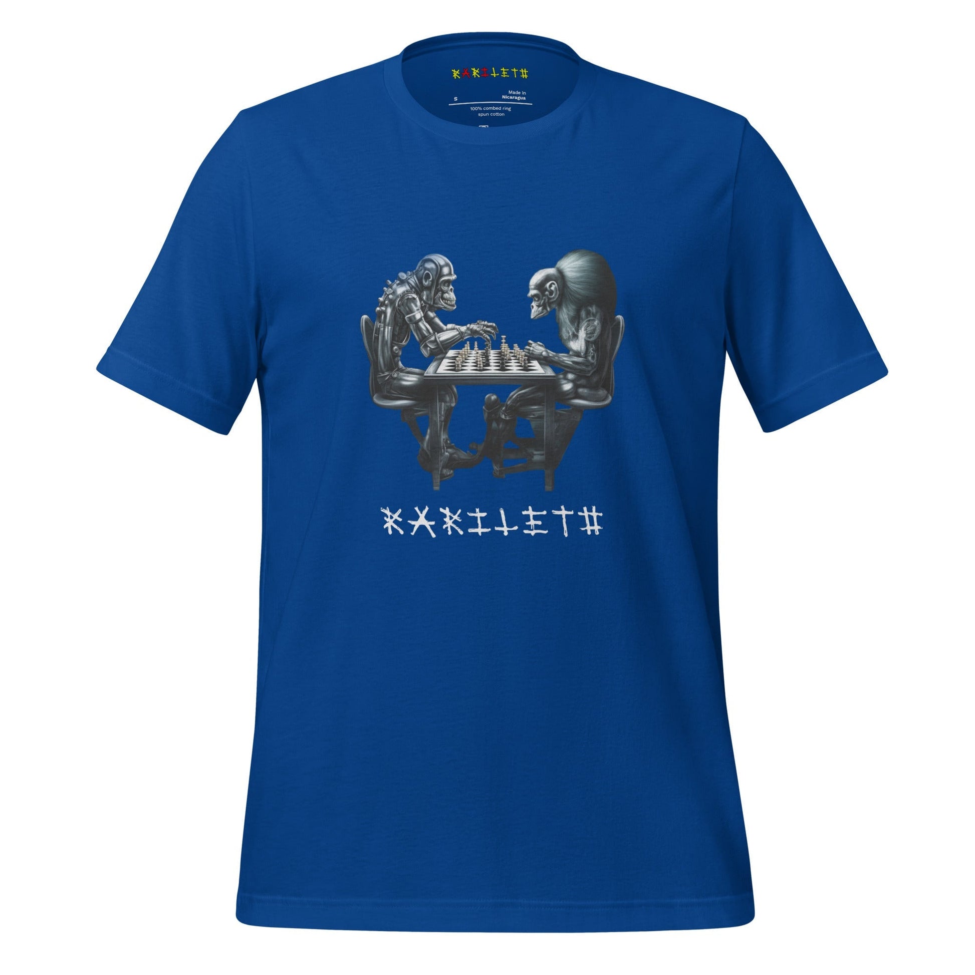 Front Ghost Royal: FUTURISTIC ROBOT MONKEY CHESS PLAYERS Premium Crewneck T-Shirt in Royal (Front Ghost View)