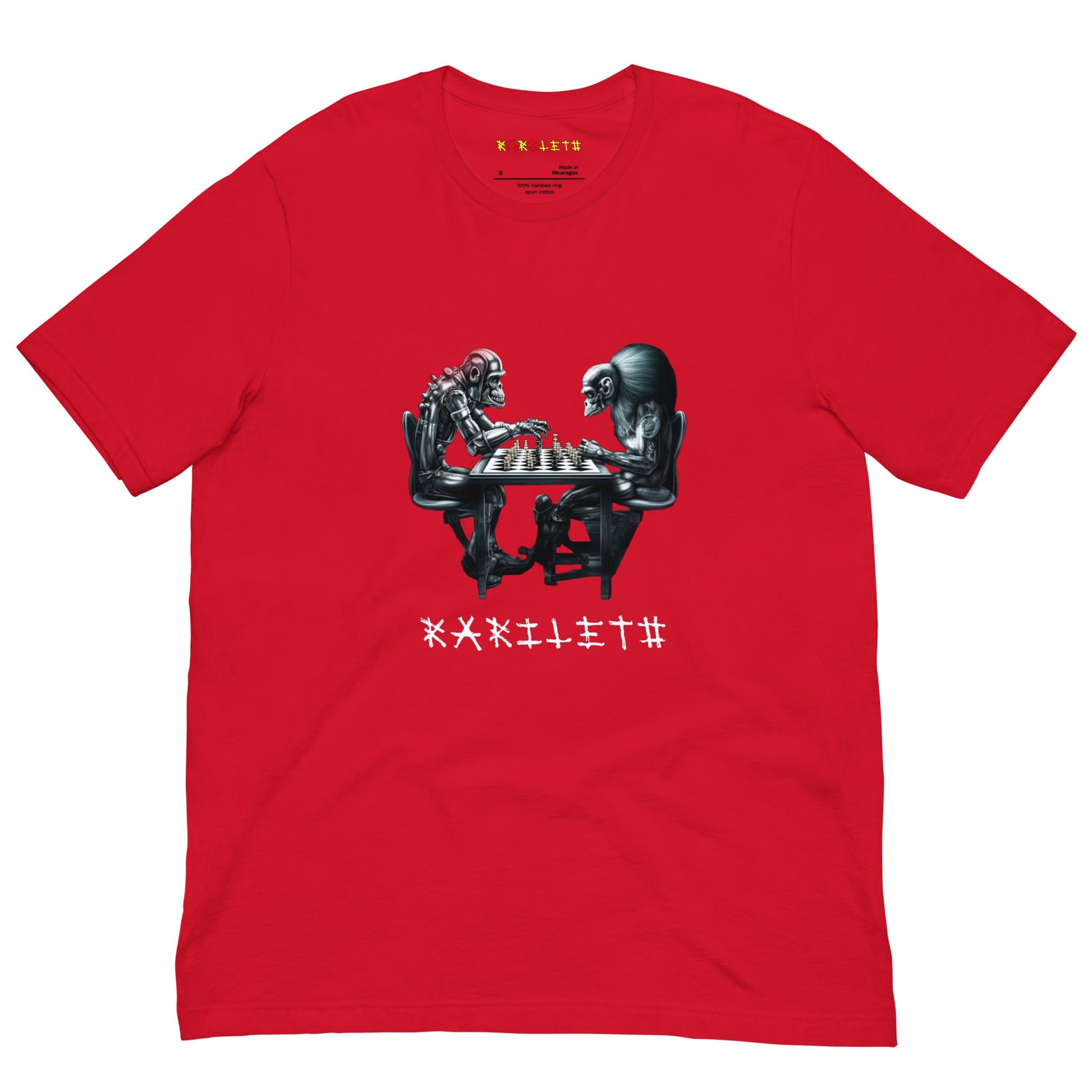 Front Red: FUTURISTIC ROBOT MONKEY CHESS PLAYERS Premium Crewneck T-Shirt in Red