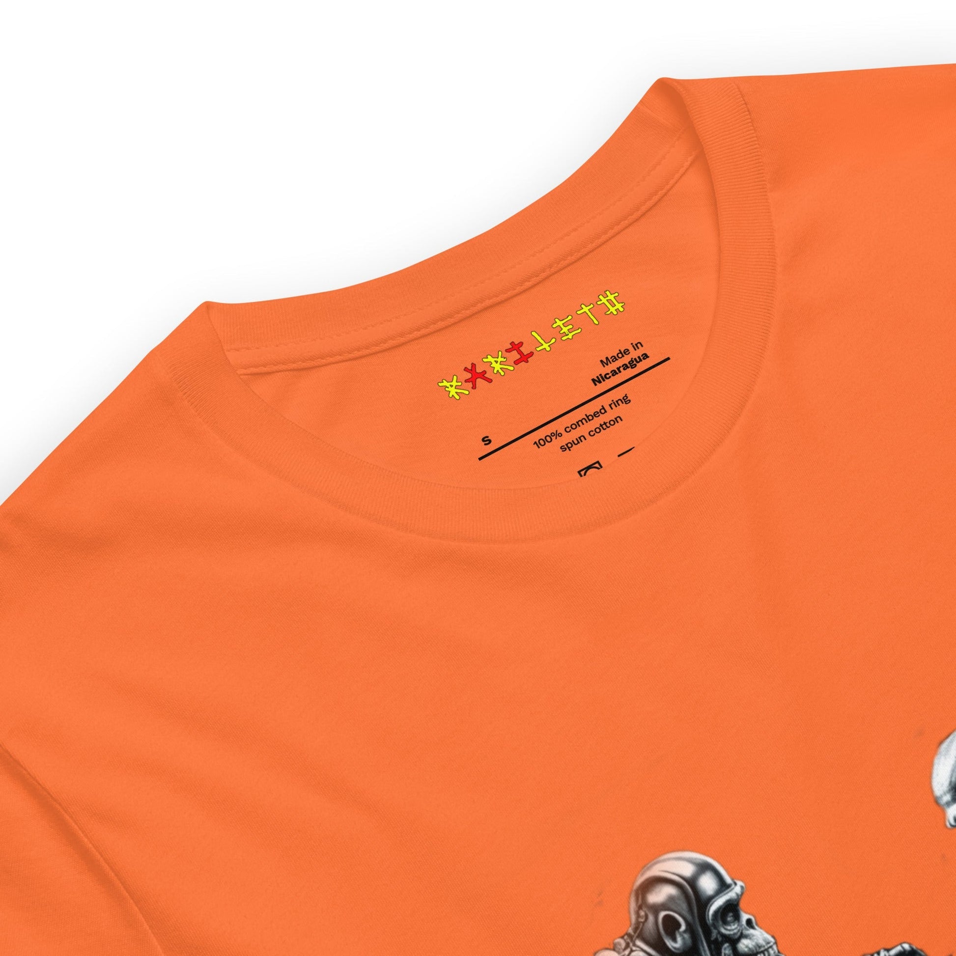 Neck Orange: FUTURISTIC ROBOT MONKEY CHESS PLAYERS Premium Crewneck T-Shirt in Orange (Neck View)